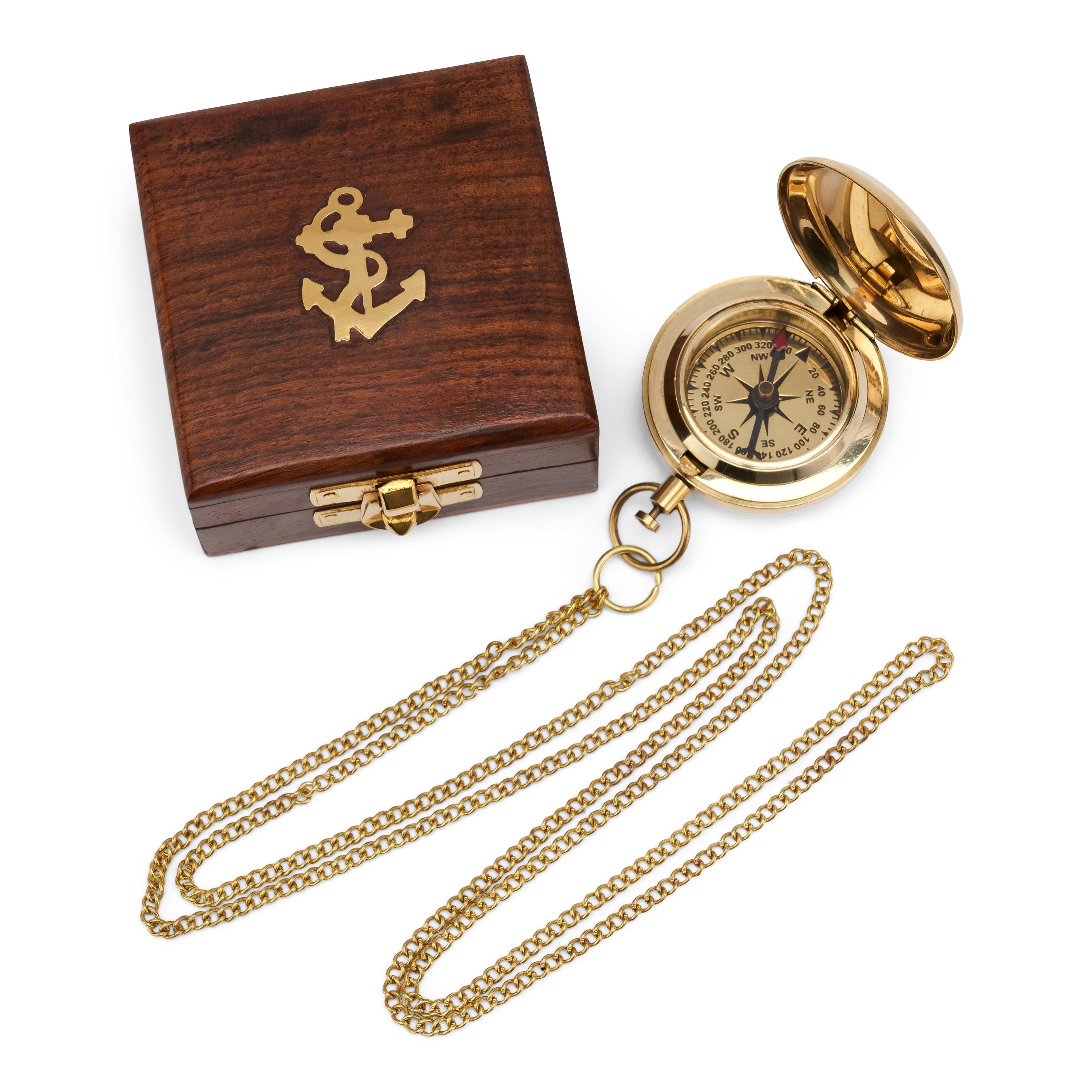 NKlaus Dekoobjekt 5cm Kompass Taschenuhrform aus Messing in Holzbox Peilkompass Richtung