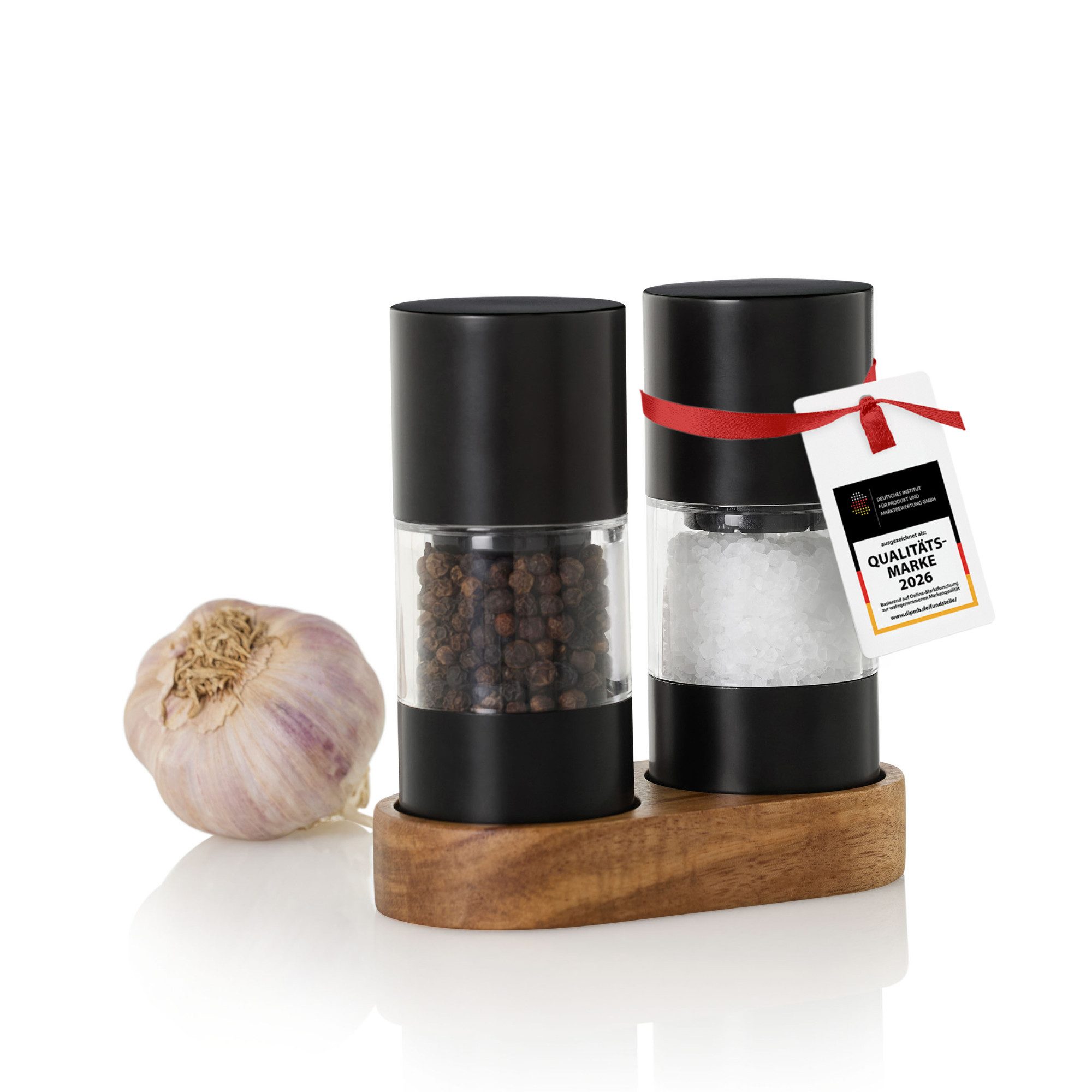 AdHoc Salz-/Pfeffermühle im Zweier-Set mit Untersetzer aus Holz STILO manuell, (2 Stück), minimalistisch im Design. Hingucker auf dem Tisch!