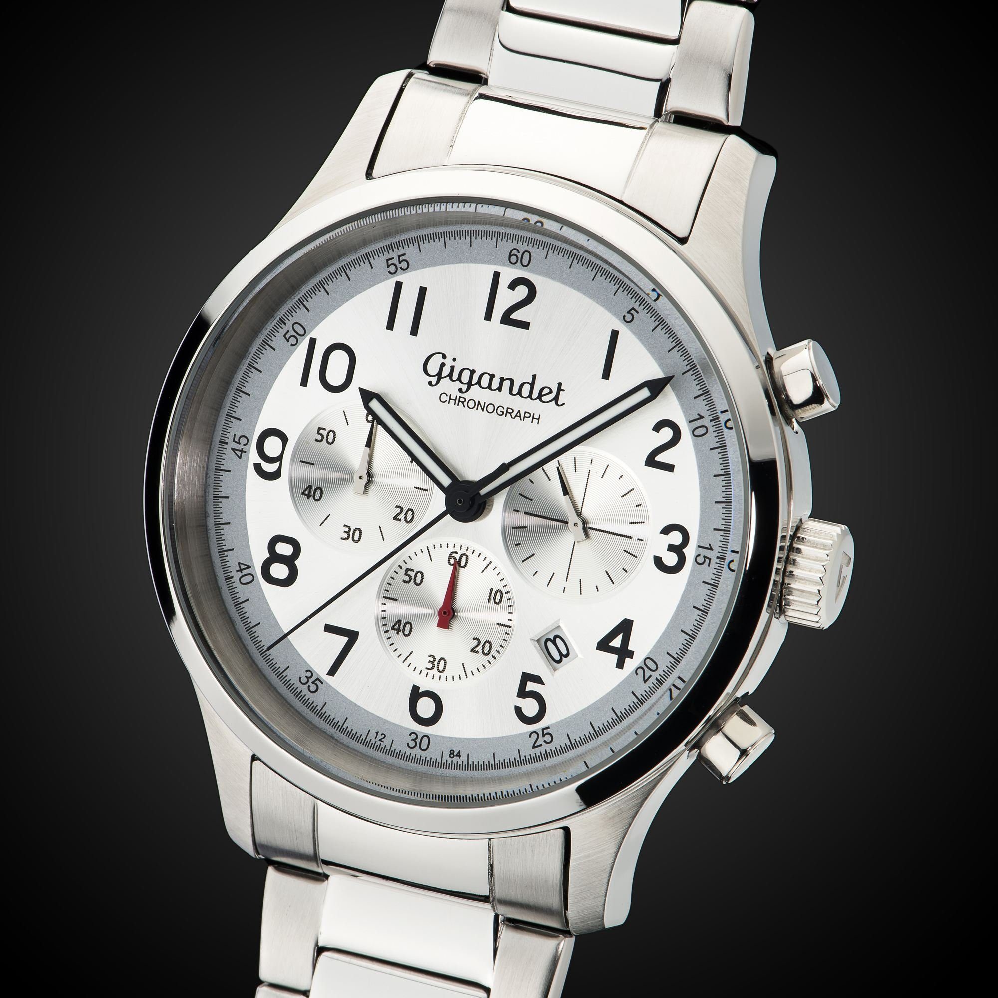 Gigandet Chronograph Armbanduhr, Herrenuhr, Sportuhr, 44mm, EFFICIENCY G50-001, Mineralglas, Datumsanzeige, Edelstahlband, 5bar/50m wasserdicht