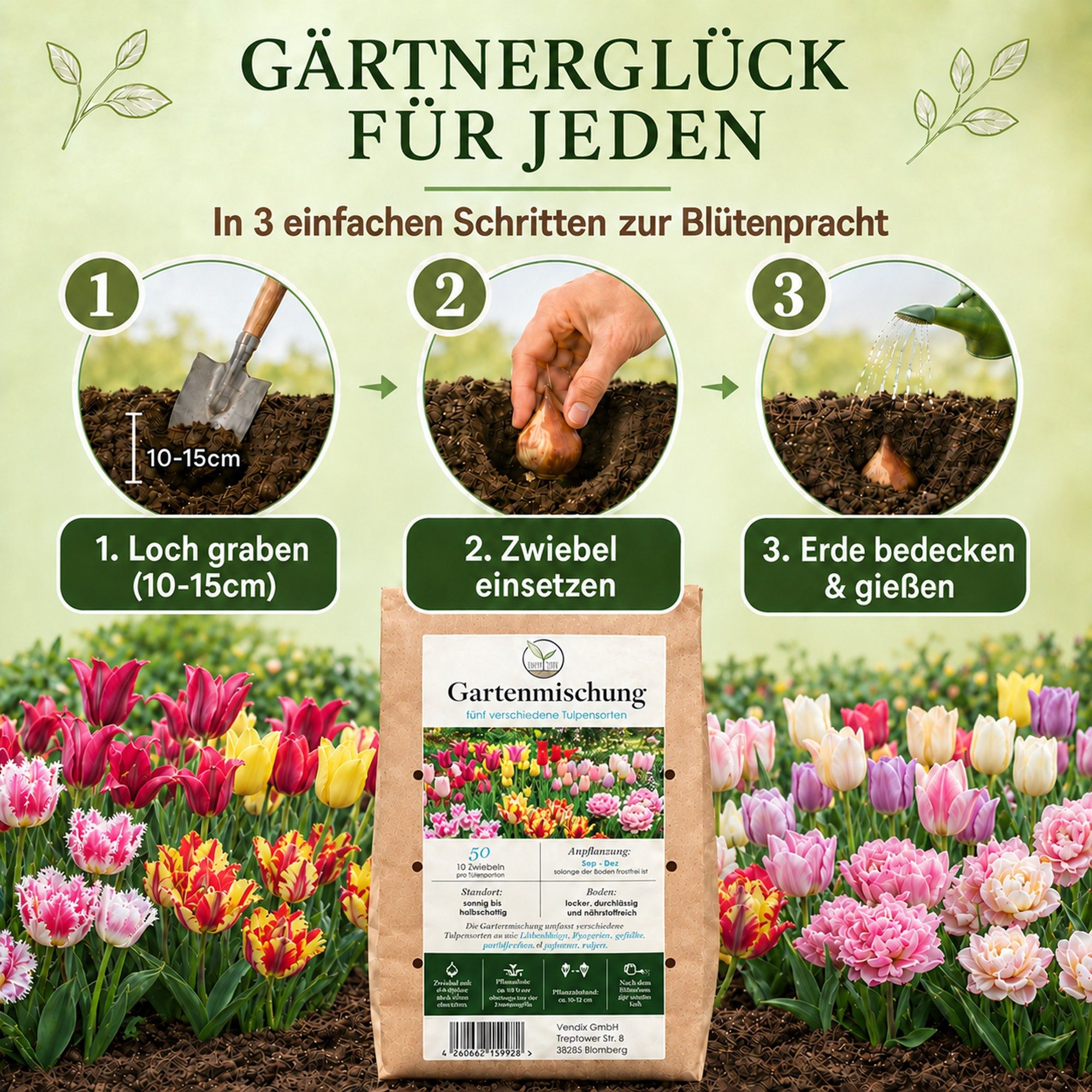 HappySeed Blumenzwiebeln 50 Stk, Tulpen & Frühlingsblüher, verschiedene Sorten, (Gartenmischung, 50-St), Gartenmischung – Bild 3 von 5