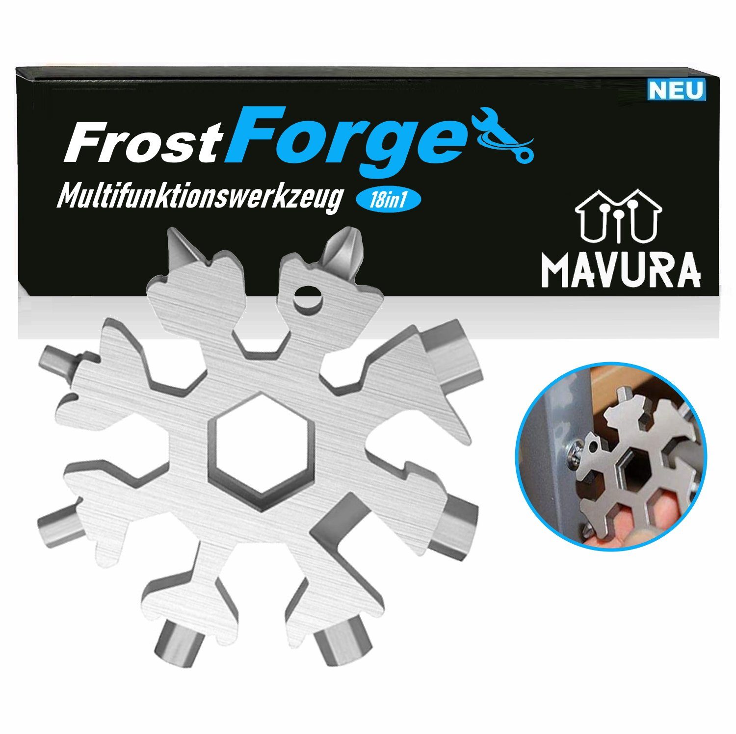 MAVURA Multitool FrostForge 18in1 Multi Werkzeug Schneeflocke Schneeflocken, Edelstahl Multifunktionswerkzeug Geschenk Gadget