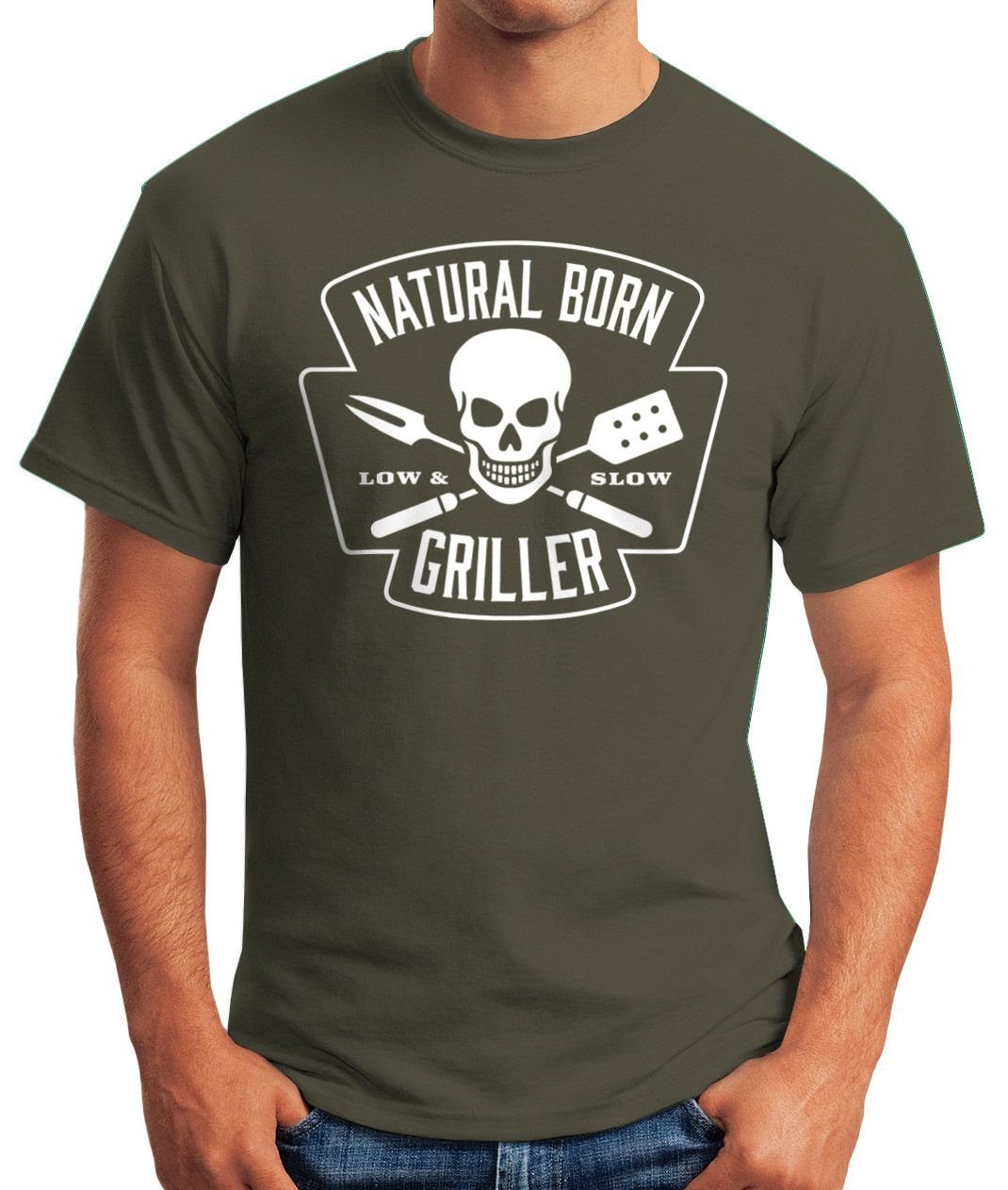 MoonWorks Print-Shirt Herren grün Born Grillen Moonworks® Sommer mit Food Fun-Shirt Griller Barbecue Print T-Shirt Tee BBQ Natural