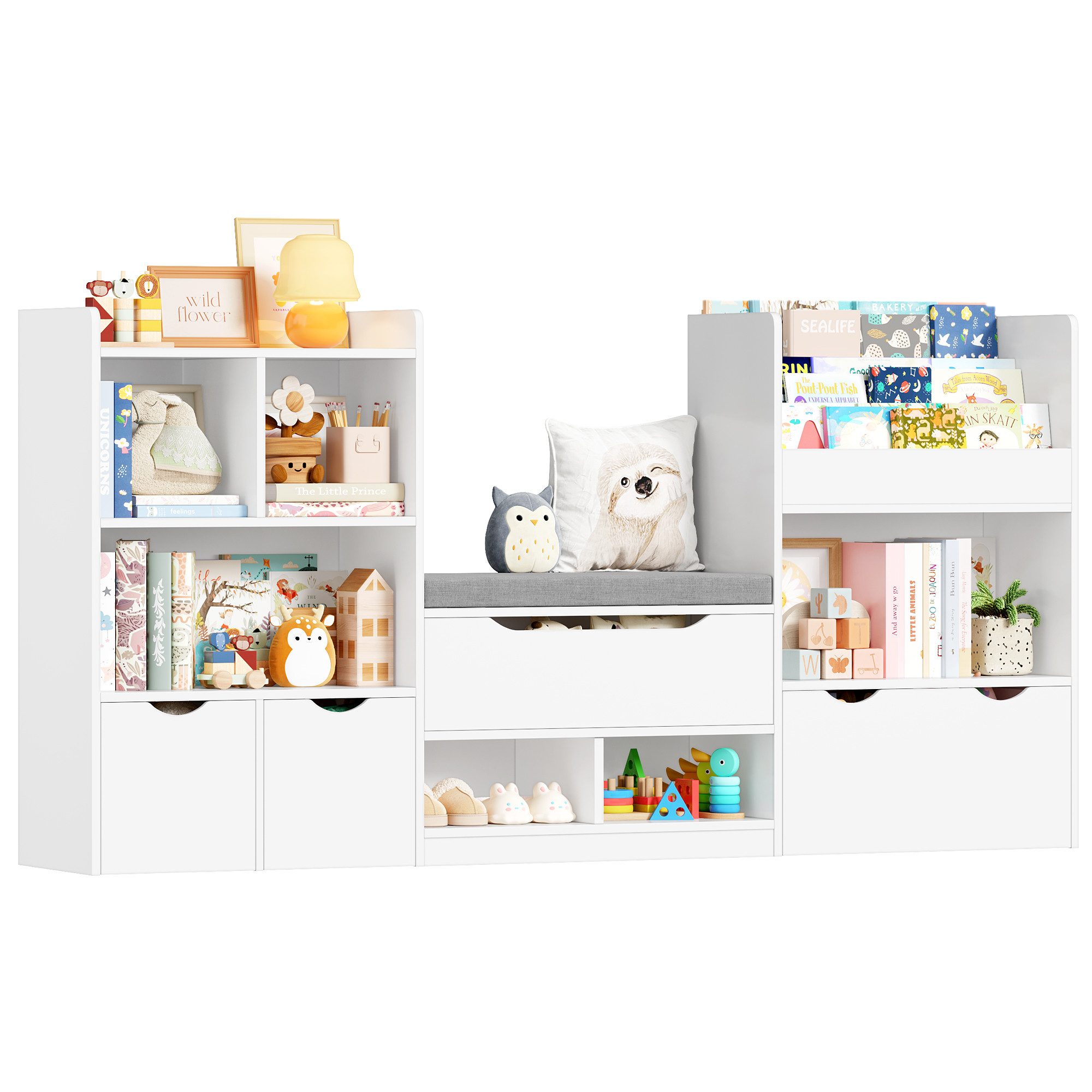 Homfa Sitzbank Kinderregal mit 3 Schubladen auf Räder 183x94x29,8 cm, Spiel günstig online kaufen