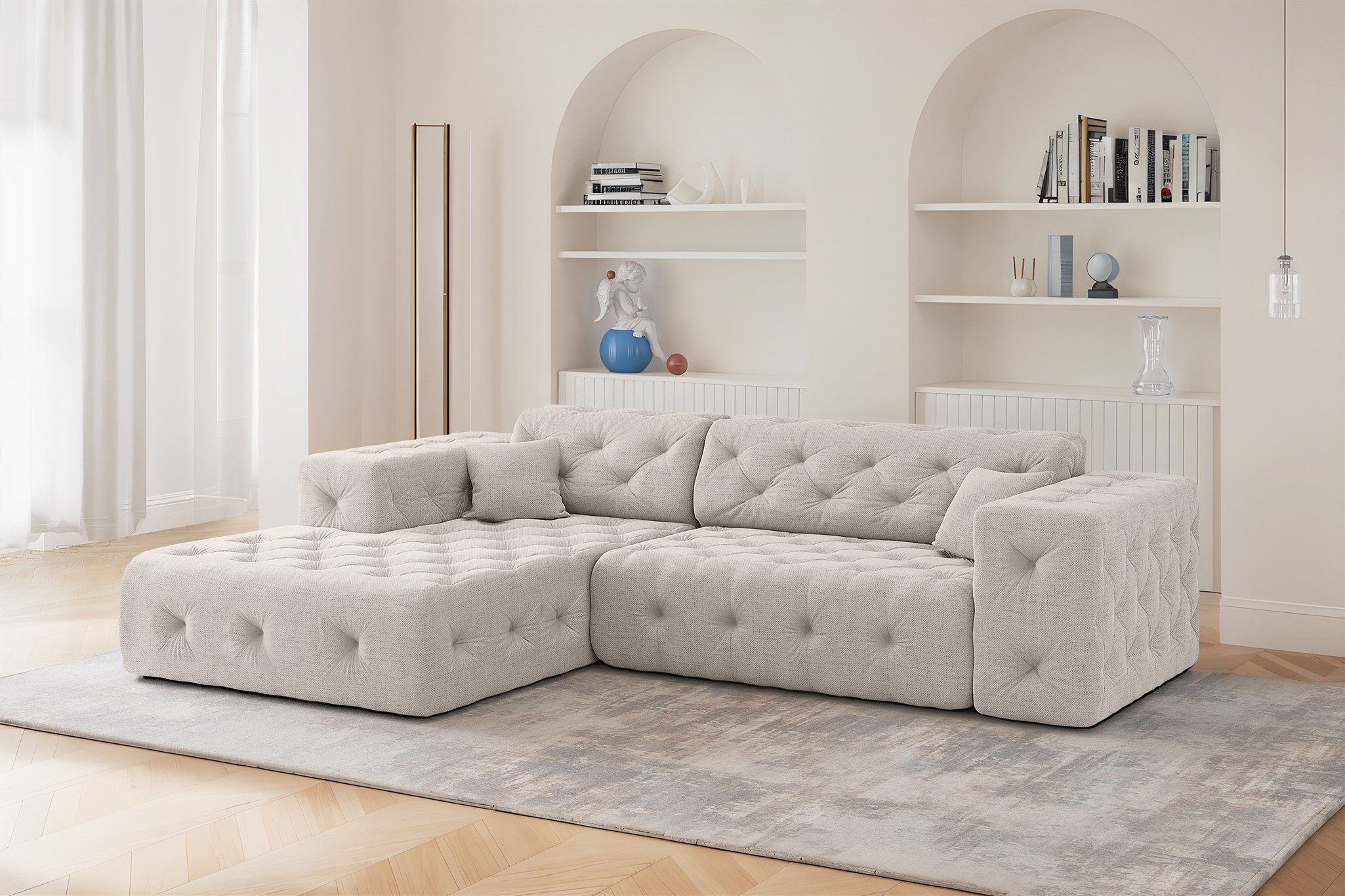 Fun Möbel Ecksofa Designersofa FUN ESTEBAN mit Ottomane in Stoff Moly, inkl. 2 Zierkissen, Ottomane Links oder Rechts