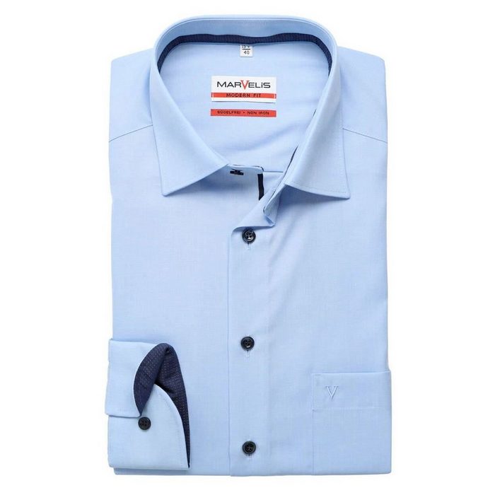 MARVELIS Businesshemd Businesshemd - Modern Fit - Langarm - Einfarbig - Hellblau mit Kontrastknöpfen