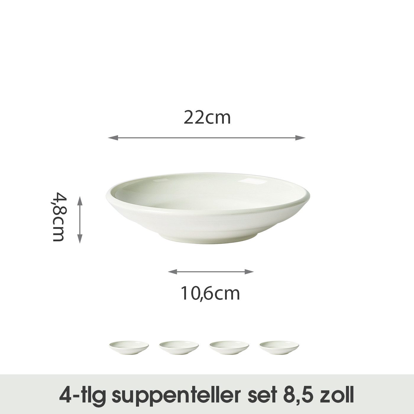 JIWOO Suppenteller 4er Ø22cm, Speiseteller Pastateller Salatteller Dessertteller Plate, (4 St), Keramik Tellerset Weiß mikrowellen- und spülmaschinenfest Ø21,2 cm