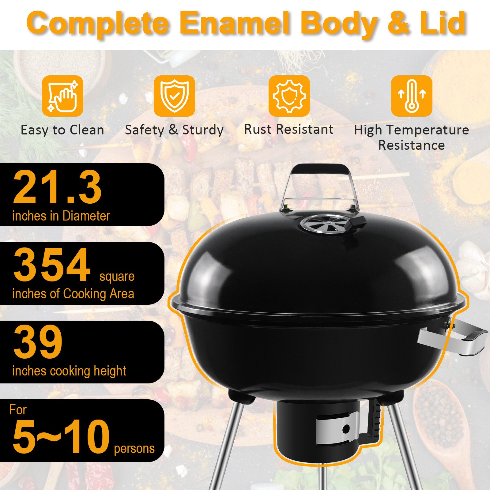 SunJas Holzkohlegrill Kugelgrill Edelstahl Campinggrill mit Deckel und Rädern, Gartengrill Mobiler Grill Outdoor Grill BBQ Grill, Grillrostmaße Ø54cm für 5-10 Personen