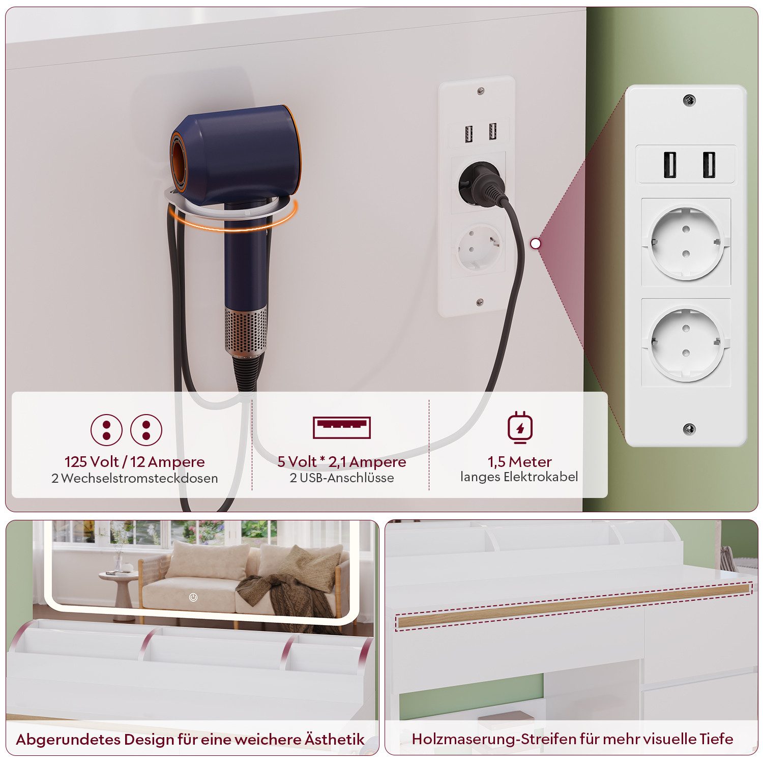 HOMALL Schminktisch Schminktisch mit 80 cm Spiegel und LED-Beleuchtung (Abmessungen: 80 × 40 × 137 cm Mit vier Schubladen und sechs Staufächern Drei einstellbar – Bild 5 von 5