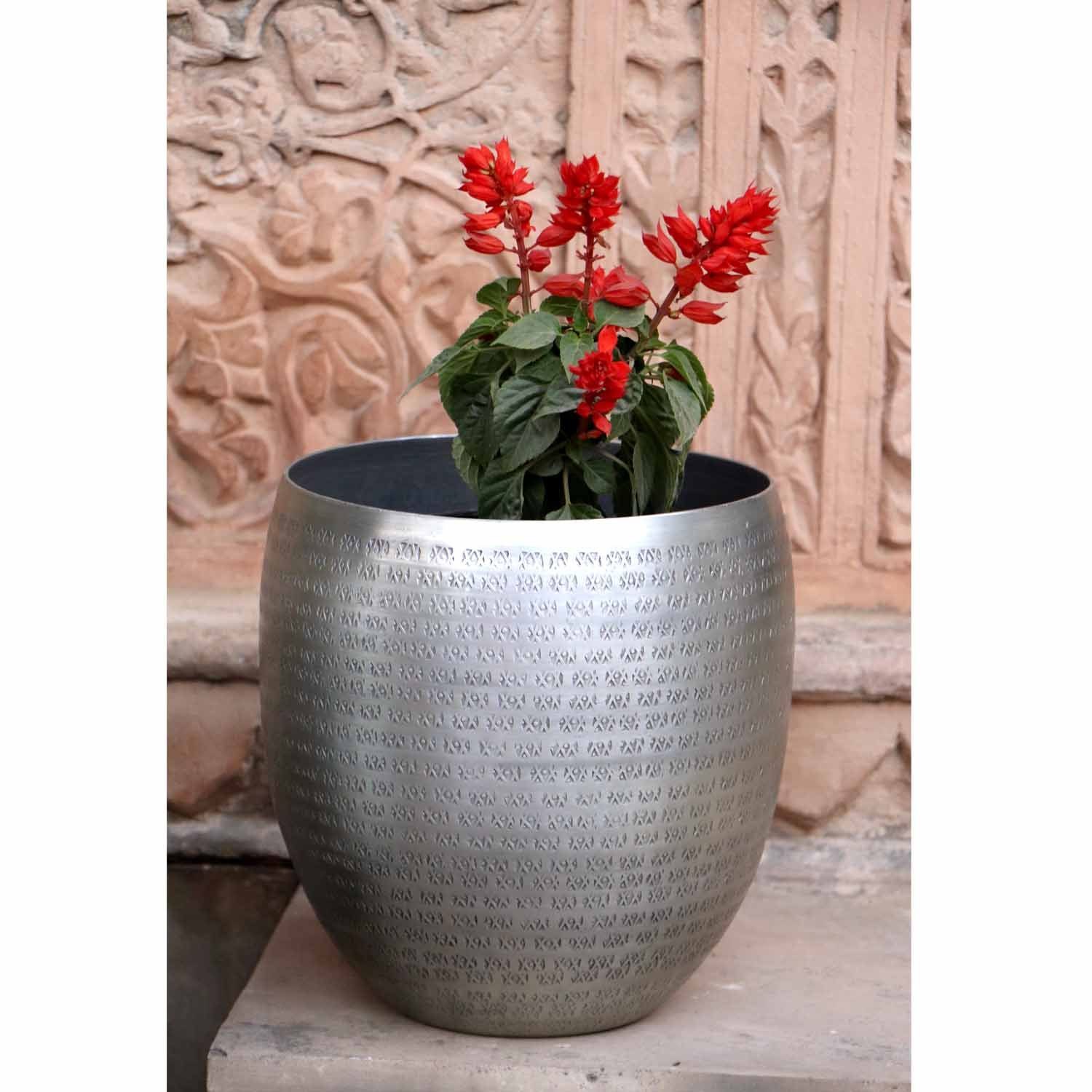 Casa Moro Blumentopf Orientalischer Blumentopf Castellon Silber mit Hammerschlag verziert (Metall Pflanztopf Übertopf - Pflanzentopf, Einzeln in den Größen S, M, L, XL oder im Set), Kunsthandwerk