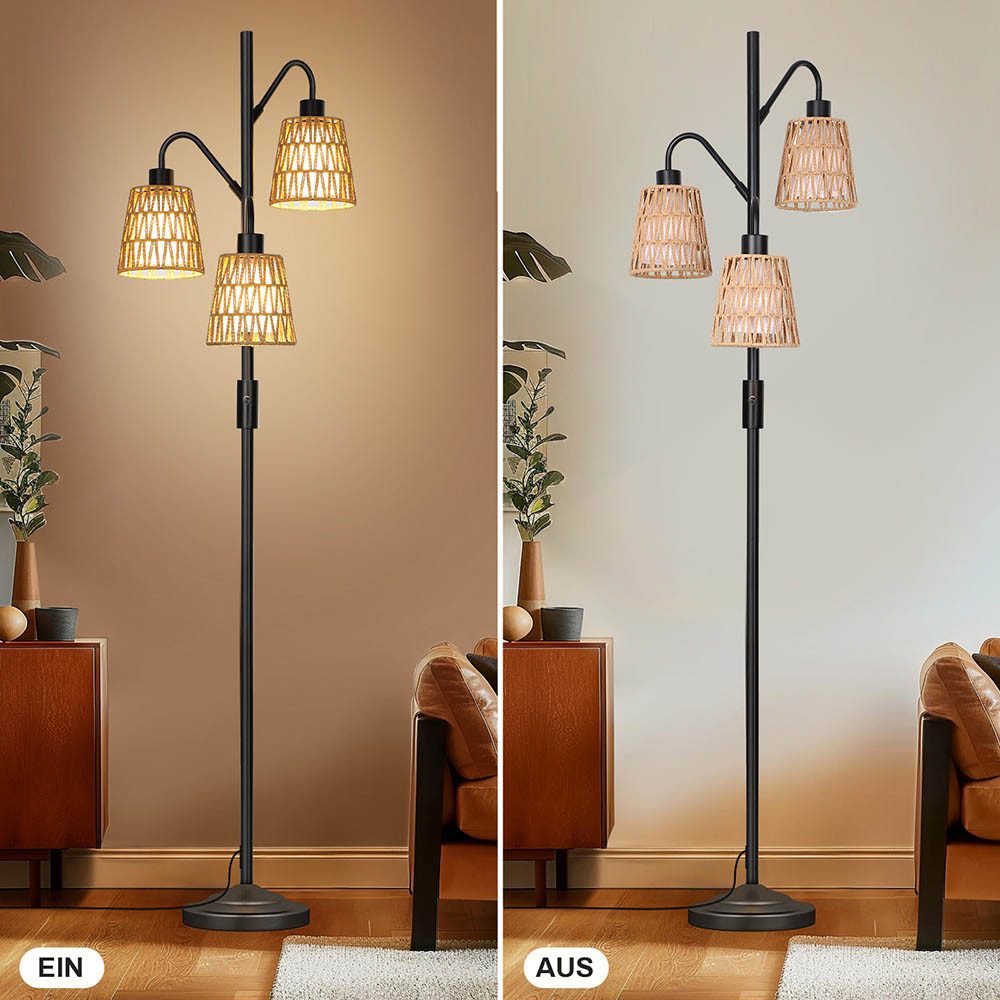 Stehlampe LED Stehlampe,Rattan Boho LED Stehleuchten mit 3 Glühbirnen