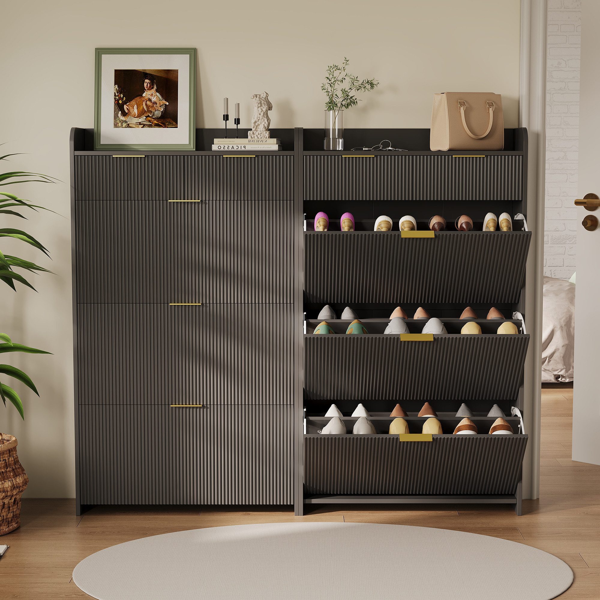Furnishings Home Schuhschrank mit 3 Klappen 2 Schubladen Schuhregal Schukipper Kippsicherung (77x24x133 cm) Schuhkommode im Flur Diele,Trennwand verstellbar