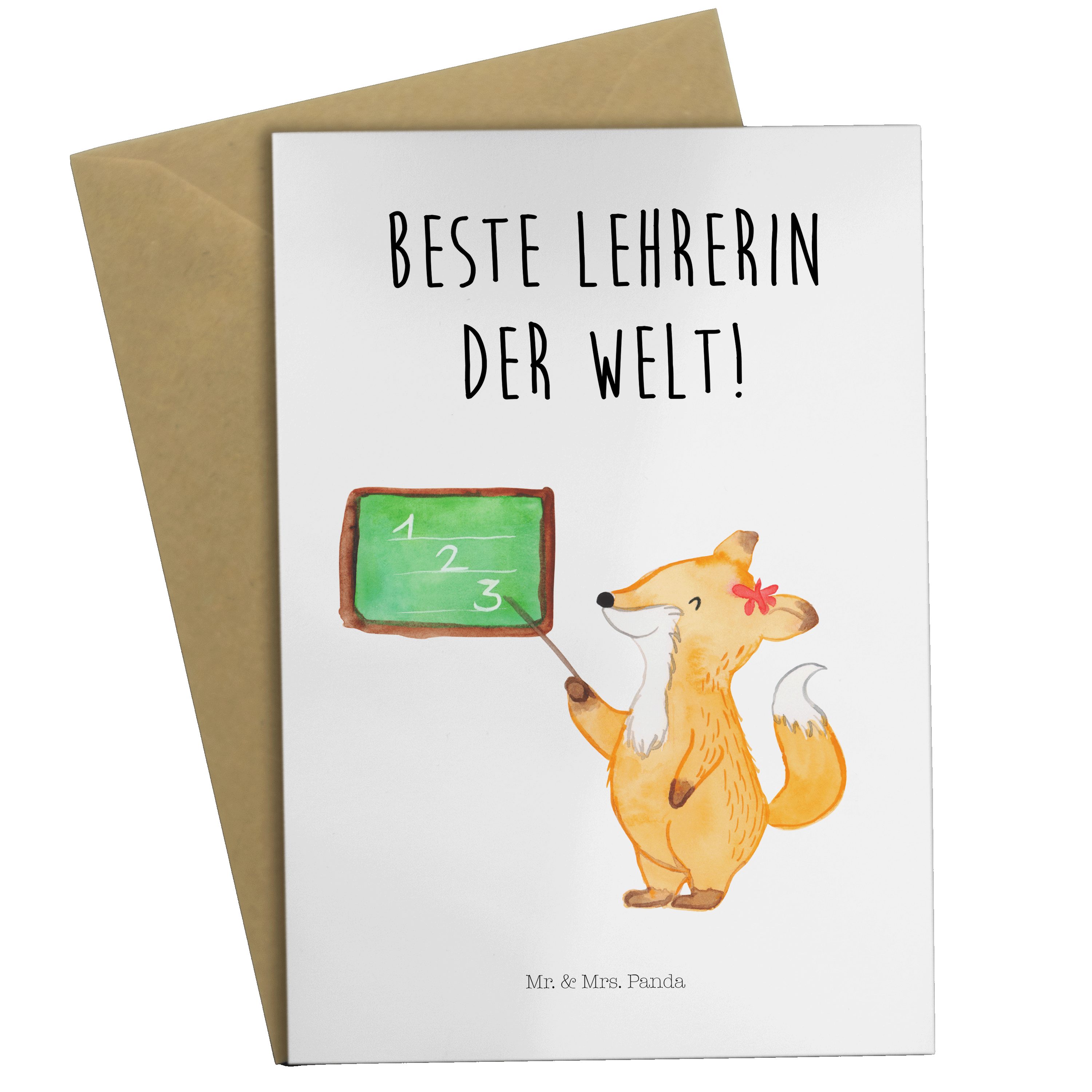 Mr. & Mrs. Panda Grußkarte Fuchs Lehrerin - Weiß - Geschenk, Klappkarte, Tiermotive, Einladungsk