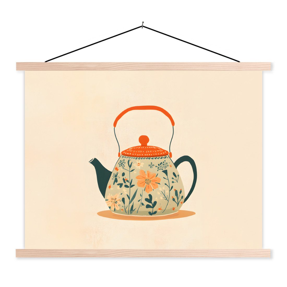 MuchoWow Poster Orange - Teekanne - Blumen - Blätter, (1 St), Posterleiste, Textilposter für Wohnzimmer, Bilderleiste, 40x30 cm