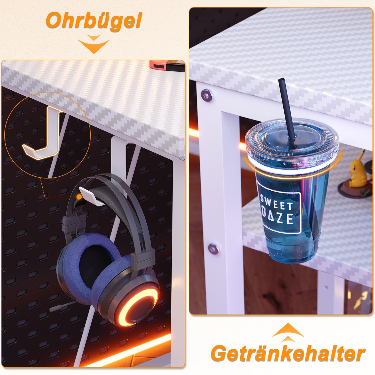 Furnicopia Eckschreibtisch L-förmiger Gaming-Schreibtisch mit Stauraum, Steckdosen und LED (120/140 cm großer Schreibtisch mit zwei Monitorhalterungen, zwei Abl – Bild 4 von 5