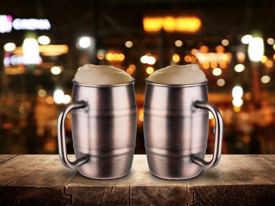 APS Cocktailglas, Edelstahl, 2-er Set Bierkrug Edelstahlbecher Humpen  Bierseidel Beer Mug 0,5 Liter