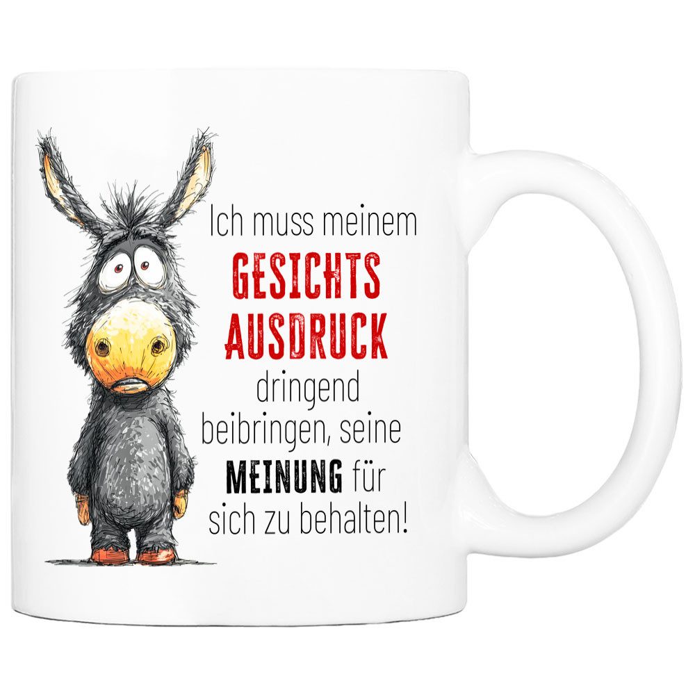 Cadouri Tasse mit Spruch 'Gesichtsausdruck' Kaffeetasse Büro Arbeit, Geschenk, Keramik, Kaffeebecher, Geschenkidee Arbeitskollege, lustig, Humor, 330 ml