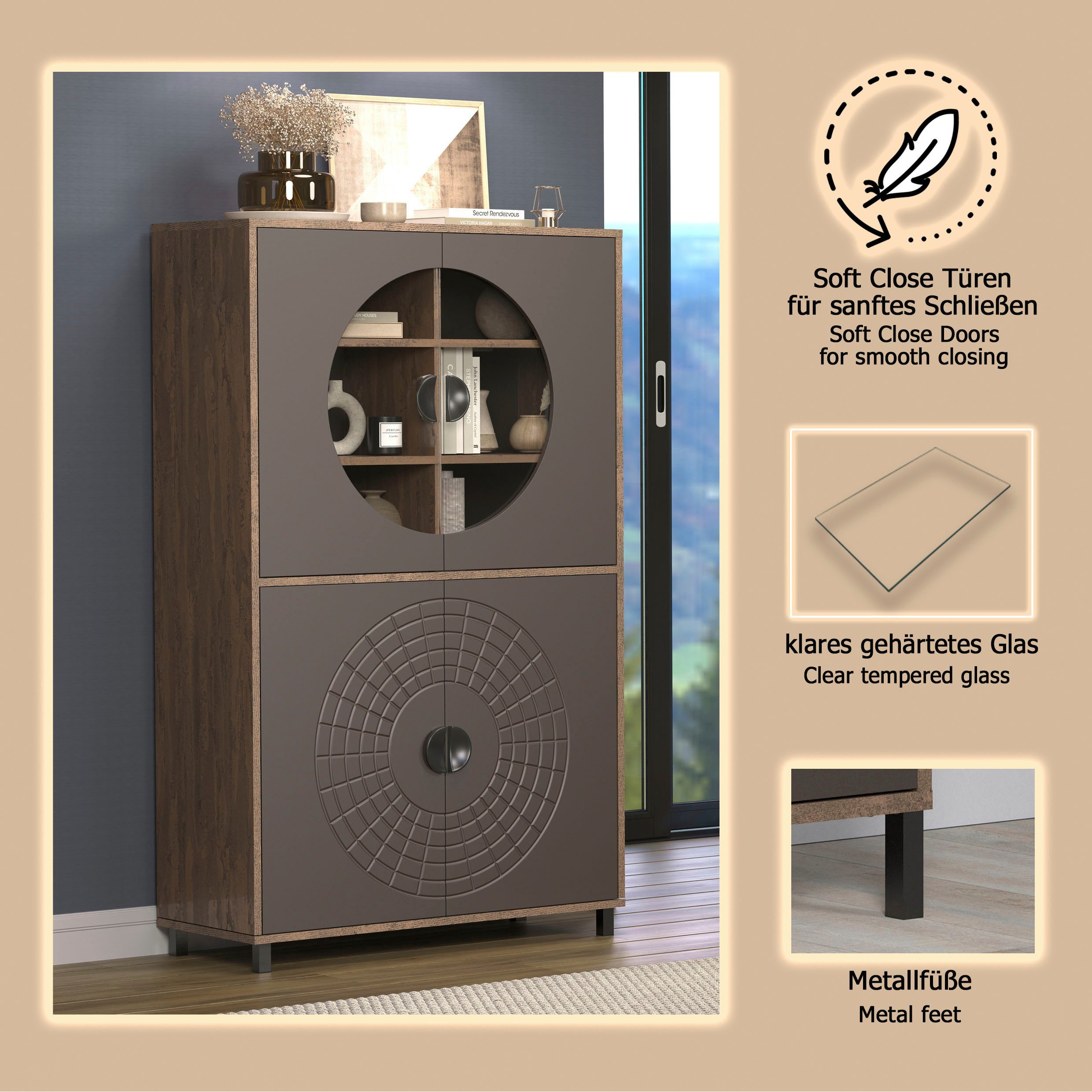 Home affaire Hochkommode Fusion (1 St), Vitrine mit besonderem Kreismuster - Hochzeitsschrank in Vintageoptik