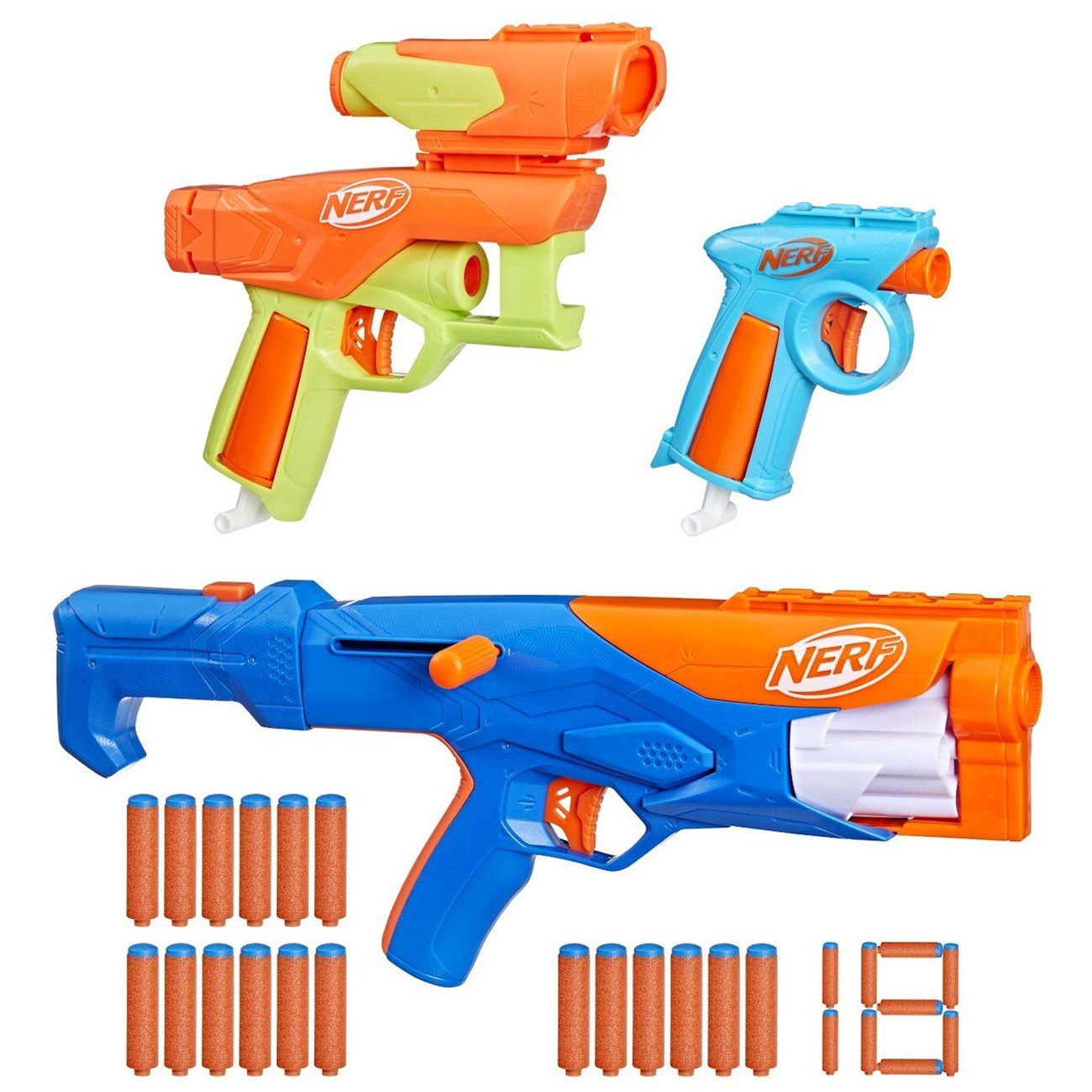 Hasbro Blaster Gear Up Pack mit 3 Blastern und 10 Kombinationen, Das vielseitige Nerf N Series Gear Up Pack enthält 3 Blaster und modu