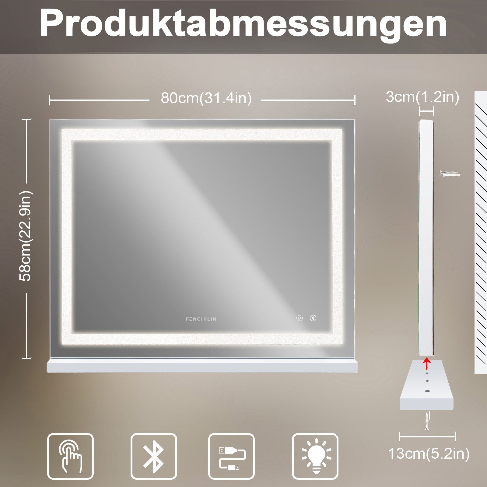 FENCHILIN Schminkspiegel mit LED Lichtleiste gestreute Diamanten weiß 80/58 cm