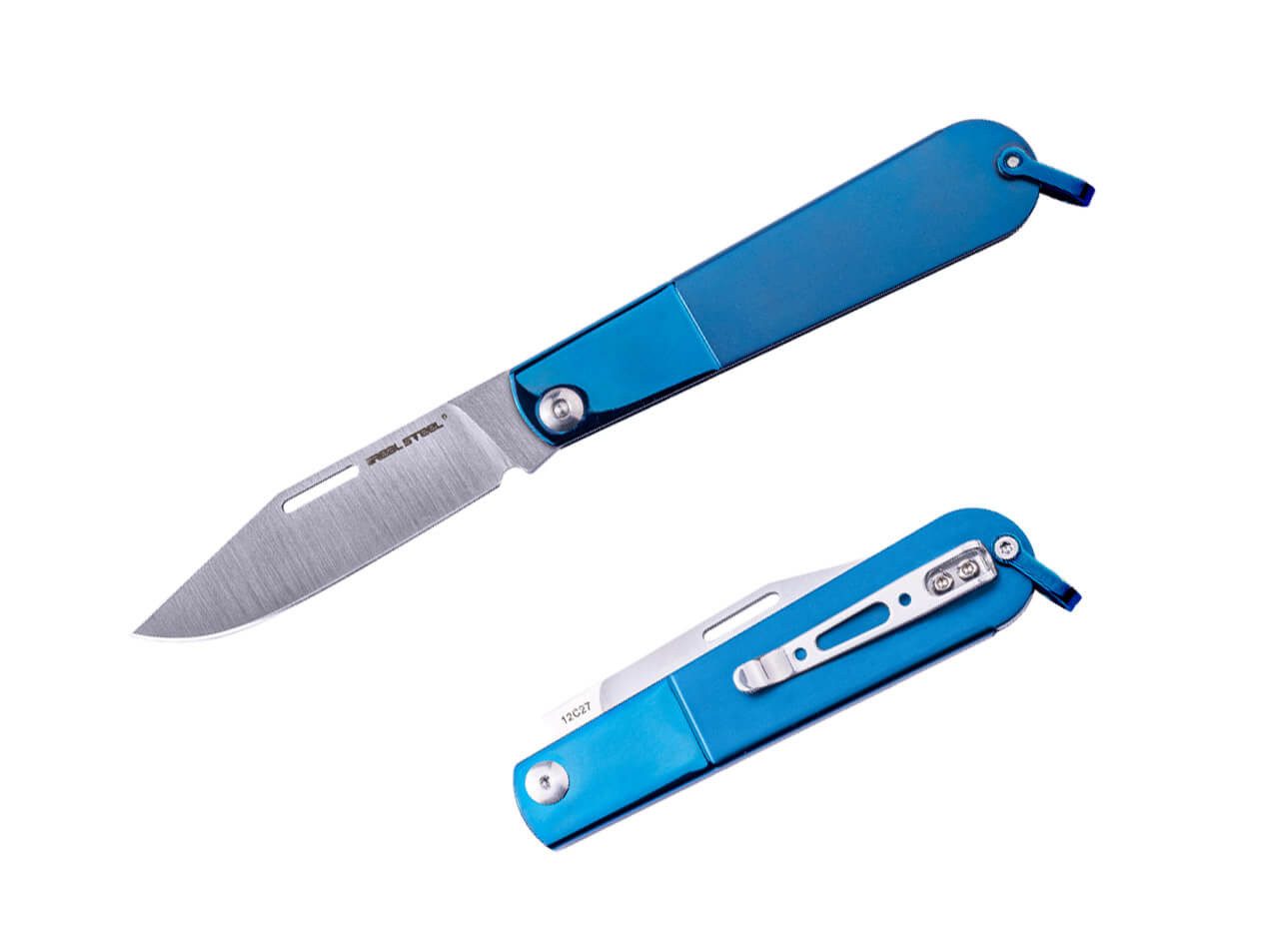 Real Steel Taschenmesser Real Steel Real Barlow RB-3 Clip Point, Taschenmesser, blau, (1 St), Praktischer Hosenclip; große Fangriemenöse