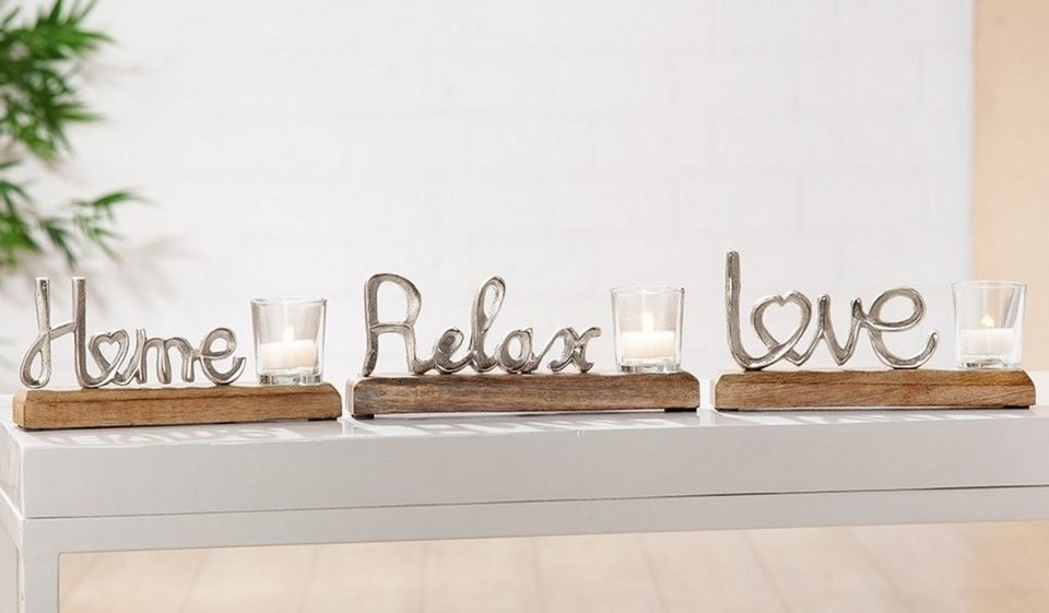 GILDE Dekoobjekt, Edler Schriftzug mit Teelichthalter auf Holz in  brueniertem Alumi