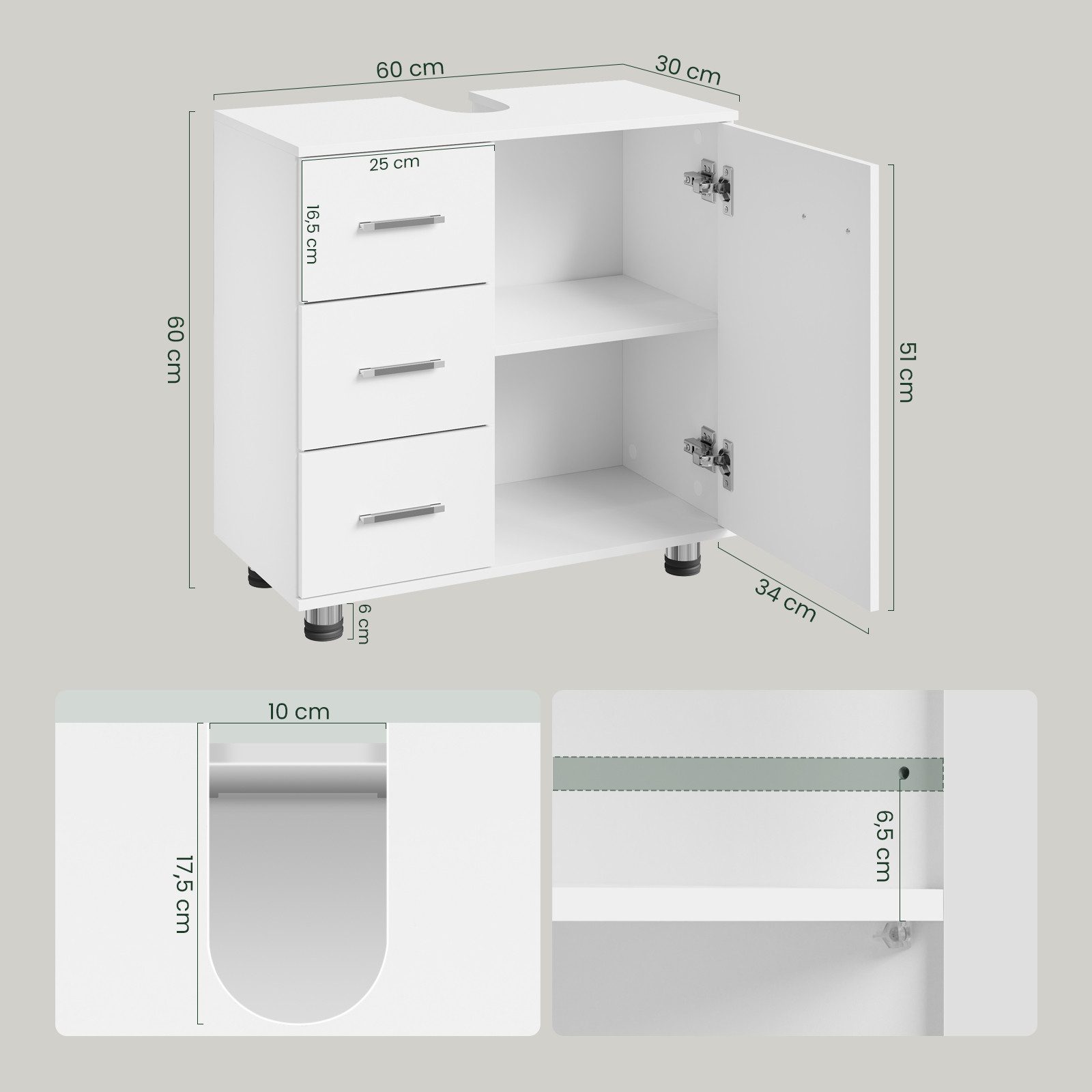 EUGAD Waschbeckenunterschrank (1-St) Badezimmerschrank, mit 3 Schubladen, mit 2 Fächern, Holzwerkstoff – Bild 3 von 5