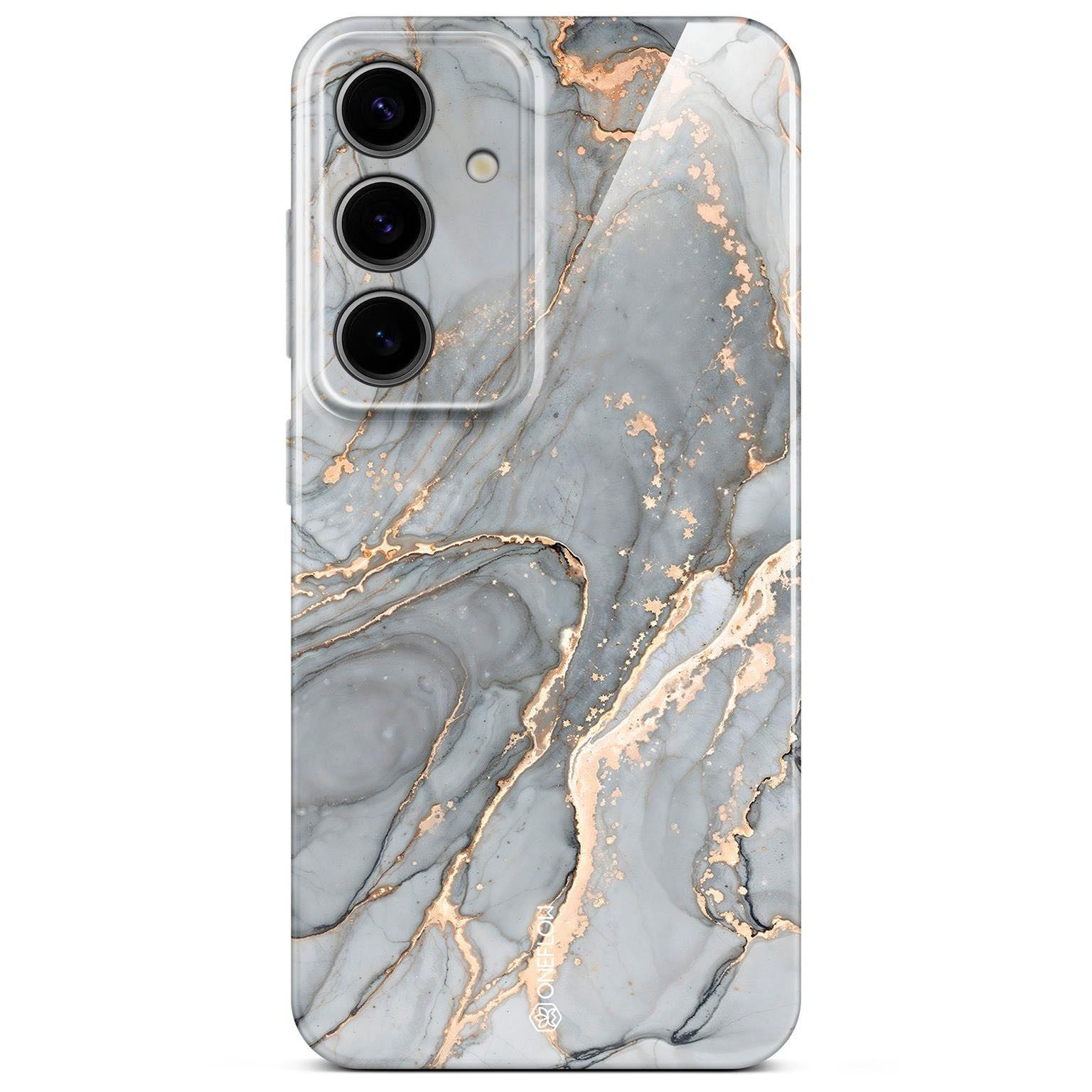 ONEFLOW Handyhülle für Samsung Galaxy S24 Hülle Marmor Bliss Cover Grau Gold 6,2 Zoll, Handy Schutz Backcover Handytasche Case Schutzhülle mit Kameraschutz
