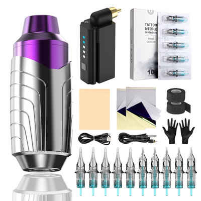 Jioson Schmuck-Tattoo Tattoo Maschine Kit für Anfänger und Tätowiere, mit 10Pcs Patronen Nadeln Tinte und Wireless Netzteil, 1500mAh, für Augenbrauen, Lippen