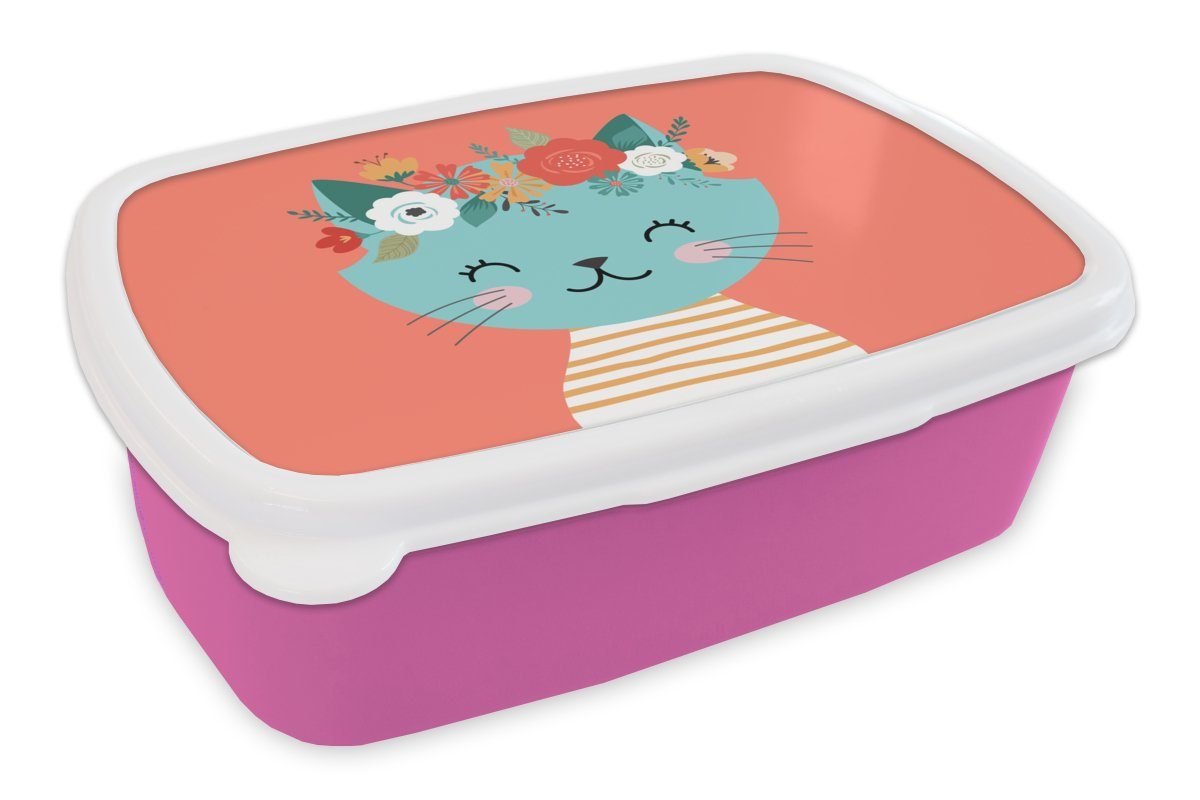 Lunchbox Kinder, Blumen MuchoWow Katze (2-tlg), Kunststoff, für Snackbox, Brotdose Kunststoff Mädchen, Rosa, Erwachsene, - Brotbox -