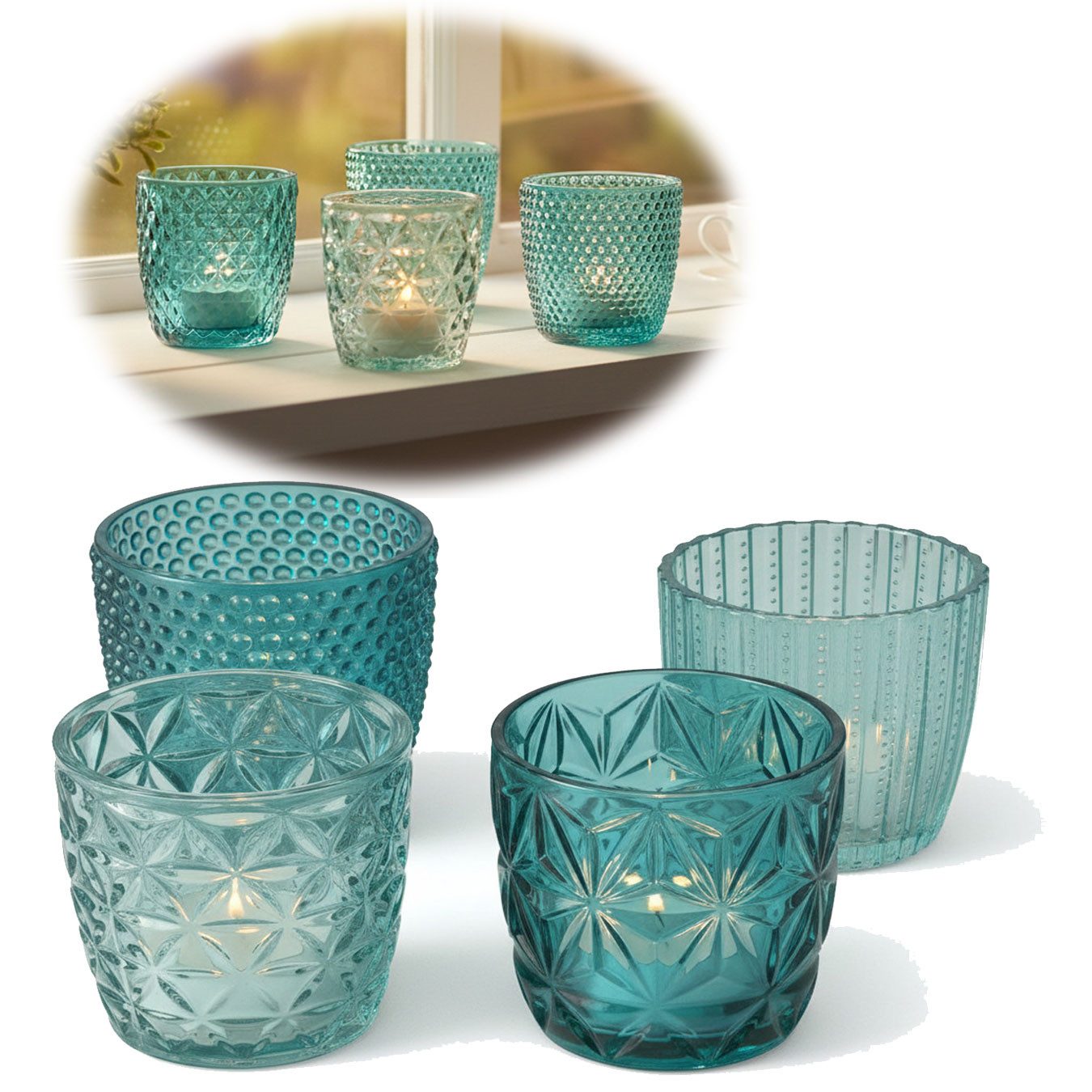 LS-LebenStil Teelichthalter 4´er Set Teelichtgläser Retro Türkis 7cm Glas Windlicht (4´er Set Kristall Ornament Windlicht für Teelichter, 4 St., Halter Kerzenständer Tischdeko Kerzenhalter Gläser für Teelichter), 7x7cm, 4´er Set Kristall Ornament Windlicht für Teelichter
