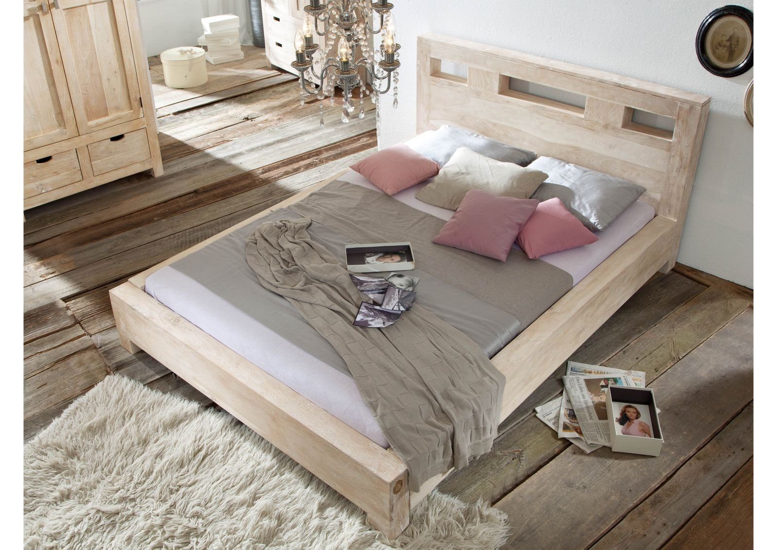 Massivmoebel24 Massivholzbett NATURE WHITE (Bett Akazie 140x200x90 white stone getüncht  NATURE WHITE #203), Bett Akazie 140x200x90 white stone getüncht  NATURE WHITE #203