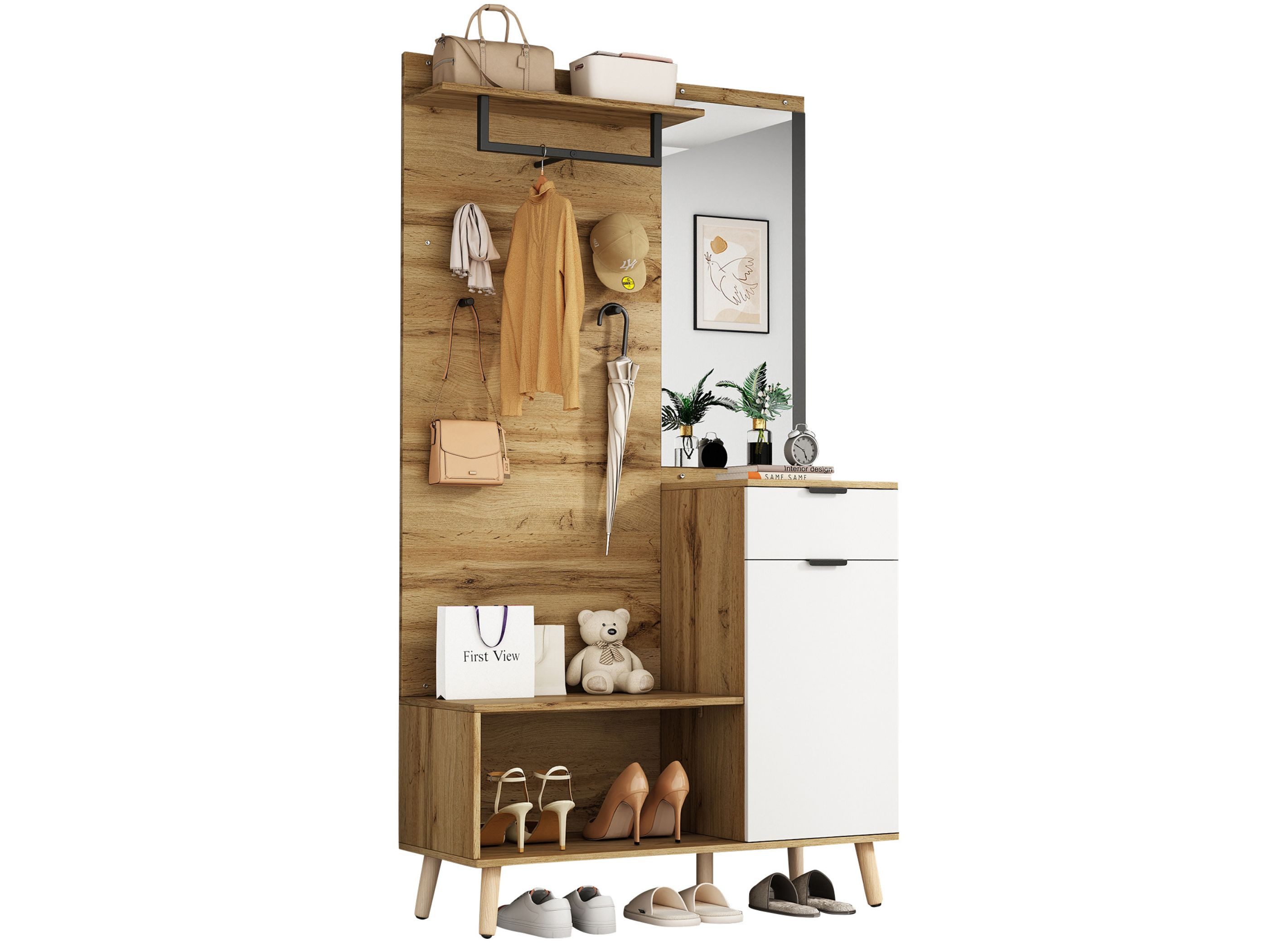 SeedWave Garderobe Garderobenschrank mit Schuhschrank, 8-in-1-Design mit Spiegel, Bank, Stange, Stauraum, Moderner Holzoptik, 190cm Höhe