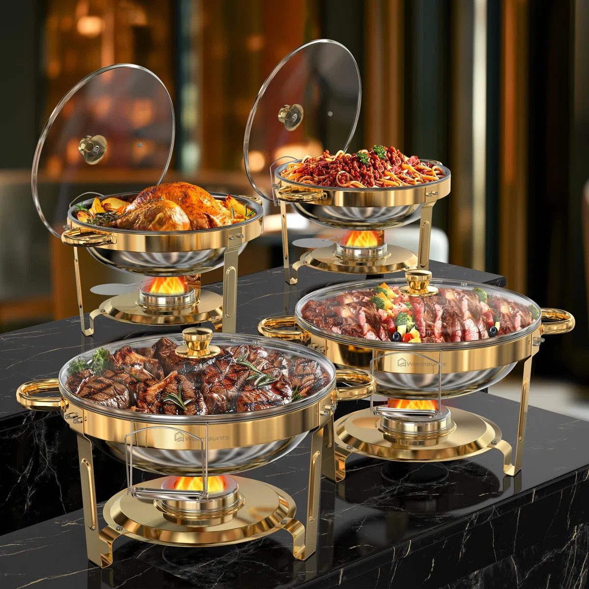 Warmounts Speisenwärmer, (4-tlg), Chafing Dish Speisenwärmer Set, rund, Edelstahl, Buffet Warmhalte-Set