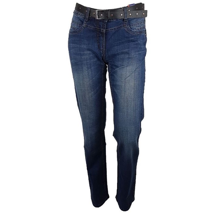 Cecil Straight-Jeans Cecil Damen Jeans CHARLIZE mit Gürtel blau washed Baumwollmischgewebe 42561