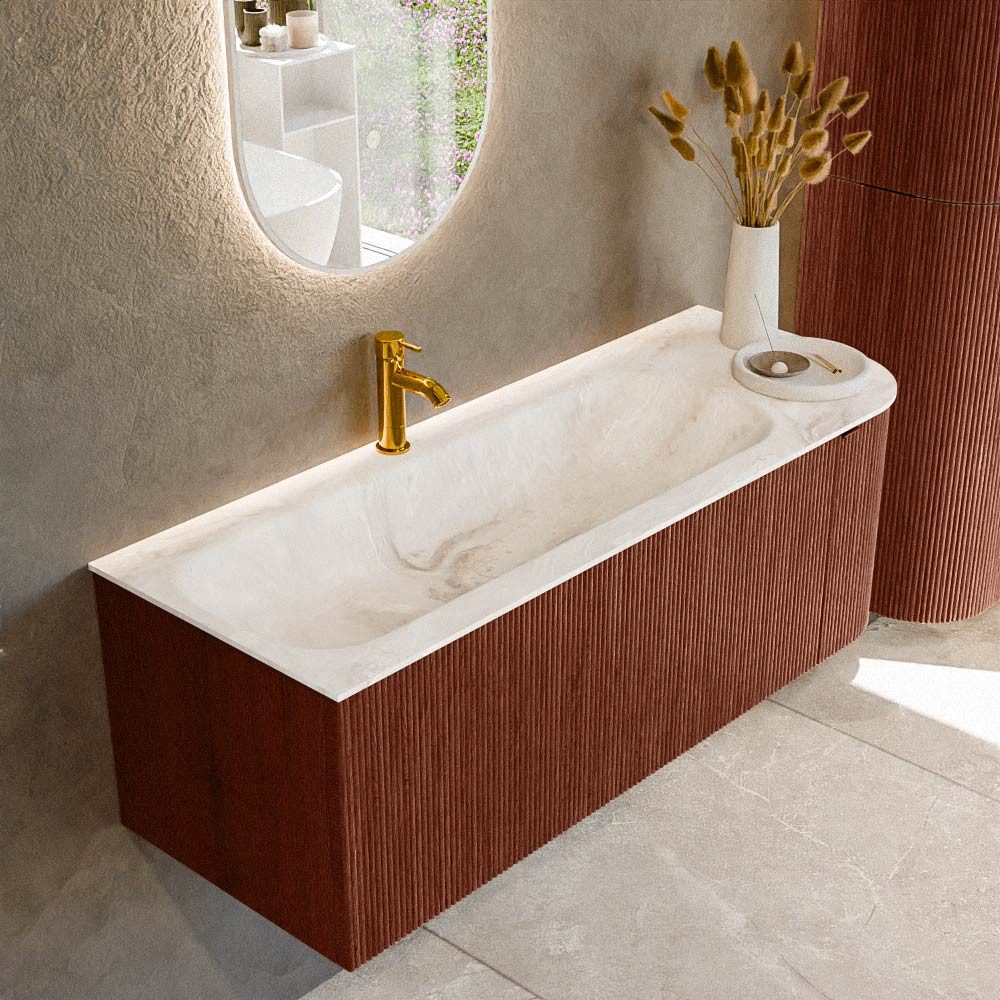 MONDIAZ Waschtisch set curve gerundet echtholz 125 cm Ruby KRVBGM125R1L1D1KLRubFra (Waschbecken Serie BIG Medium, Set Serie Curve, mit Lochbohrung)