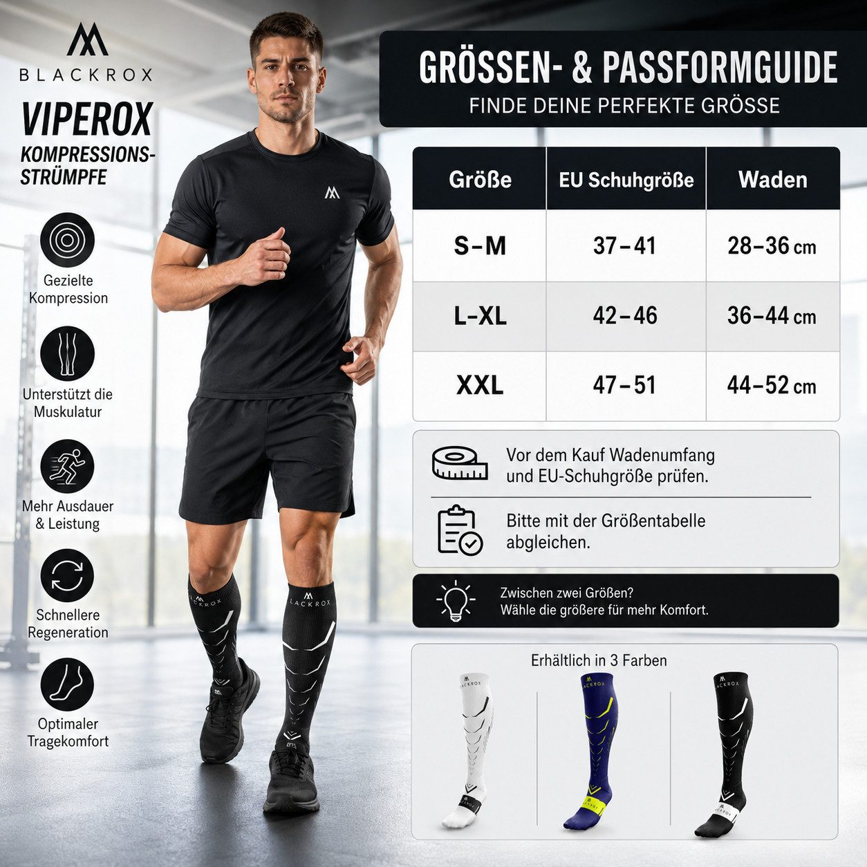 BLACKROX Kompressionsstrümpfe [Vergleichssieger 2026] Gr. S-XL, Für Damen & Herren, VIPEROX – Bild 2 von 5