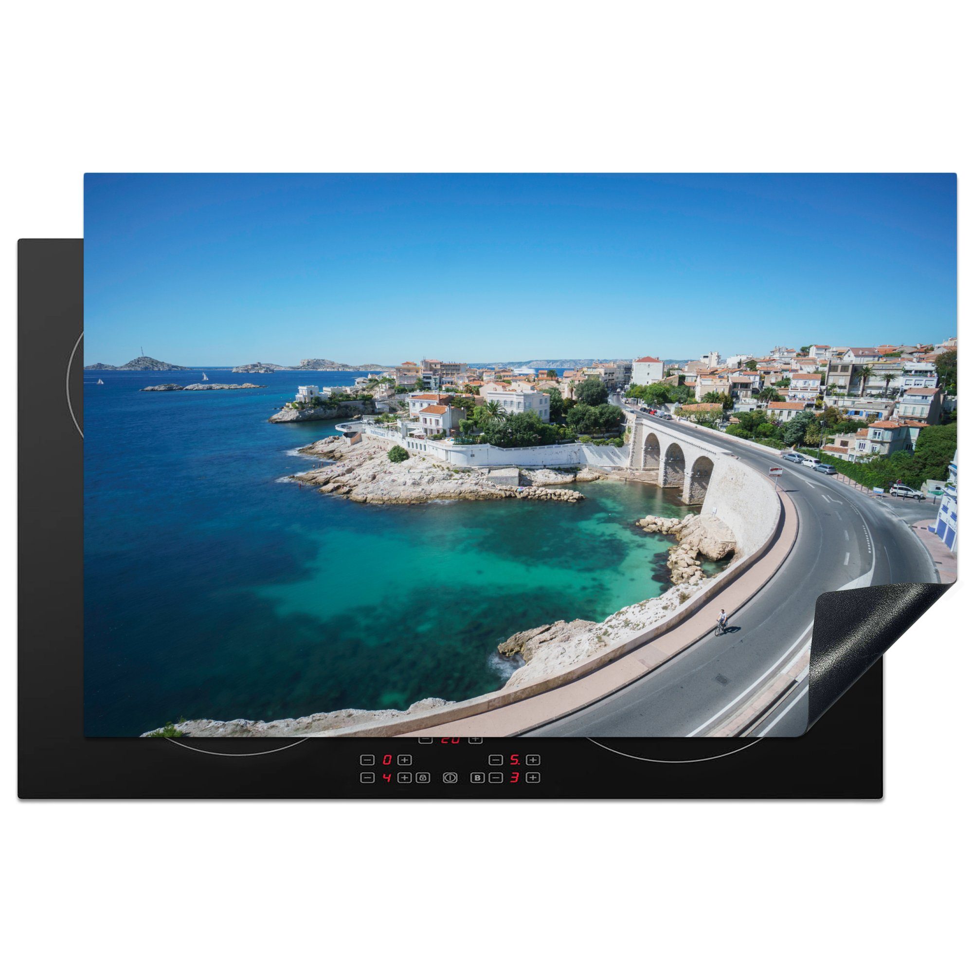 MuchoWow Herdblende-/Abdeckplatte Die Küstenstraße Corniche de Marseille entlang des Mittelmeers, Vinyl, (1 tlg), 81x52 cm, Induktionskochfeld Schutz für die küche, Ceranfeldabdeckung