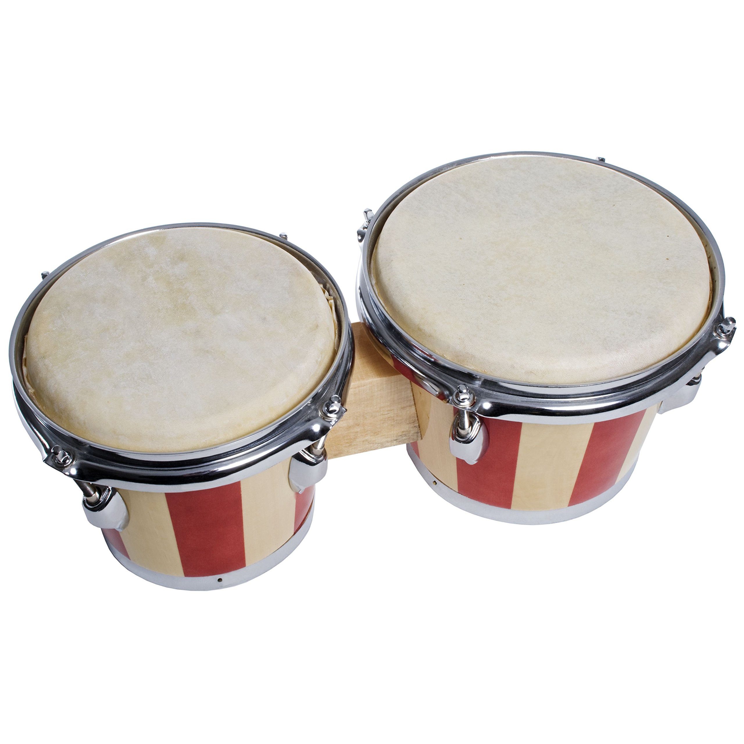 FAME Bongo,DB-105 Bongos 7 8 Holz Bongoset knackiger Klang stimmbar Natur Rot Streifen Design Synthetik Fell Chrome Kessel-Hardware Ideal für Einsteiger, Percussion, Bongos, DB-105 Bongos, Holz Bongoset, stimmbar