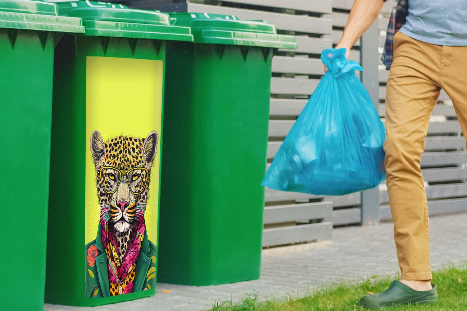 MuchoWow Wandsticker Mülltonne, - St), (1 Farben - Abfalbehälter Container, Sticker, Mülleimer-aufkleber, - Panther Brillen Tier