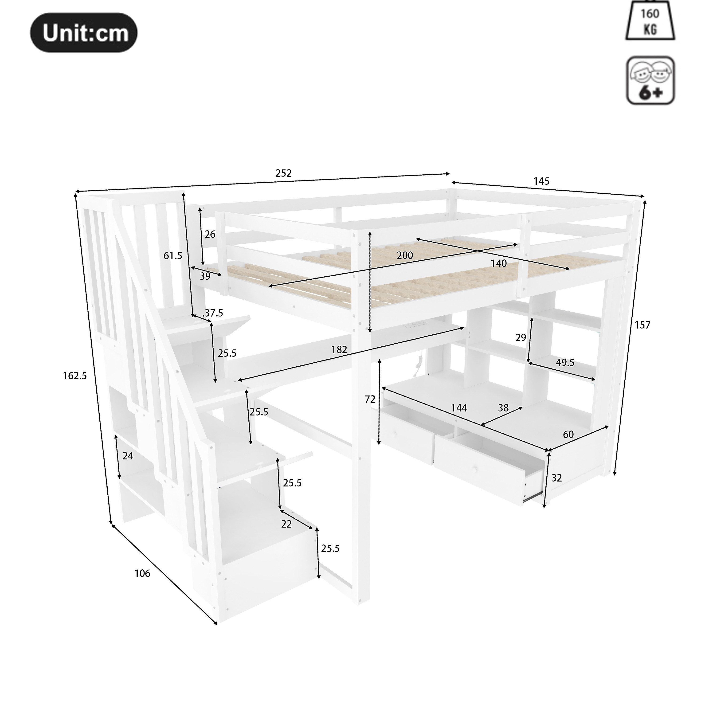 Merax Loft Bed 140x200 with LED (1 pc., House Bed Bunk Bed Youth Bed) Wooden Children's Bed with Desk Shelves Drawers Storage Stairs