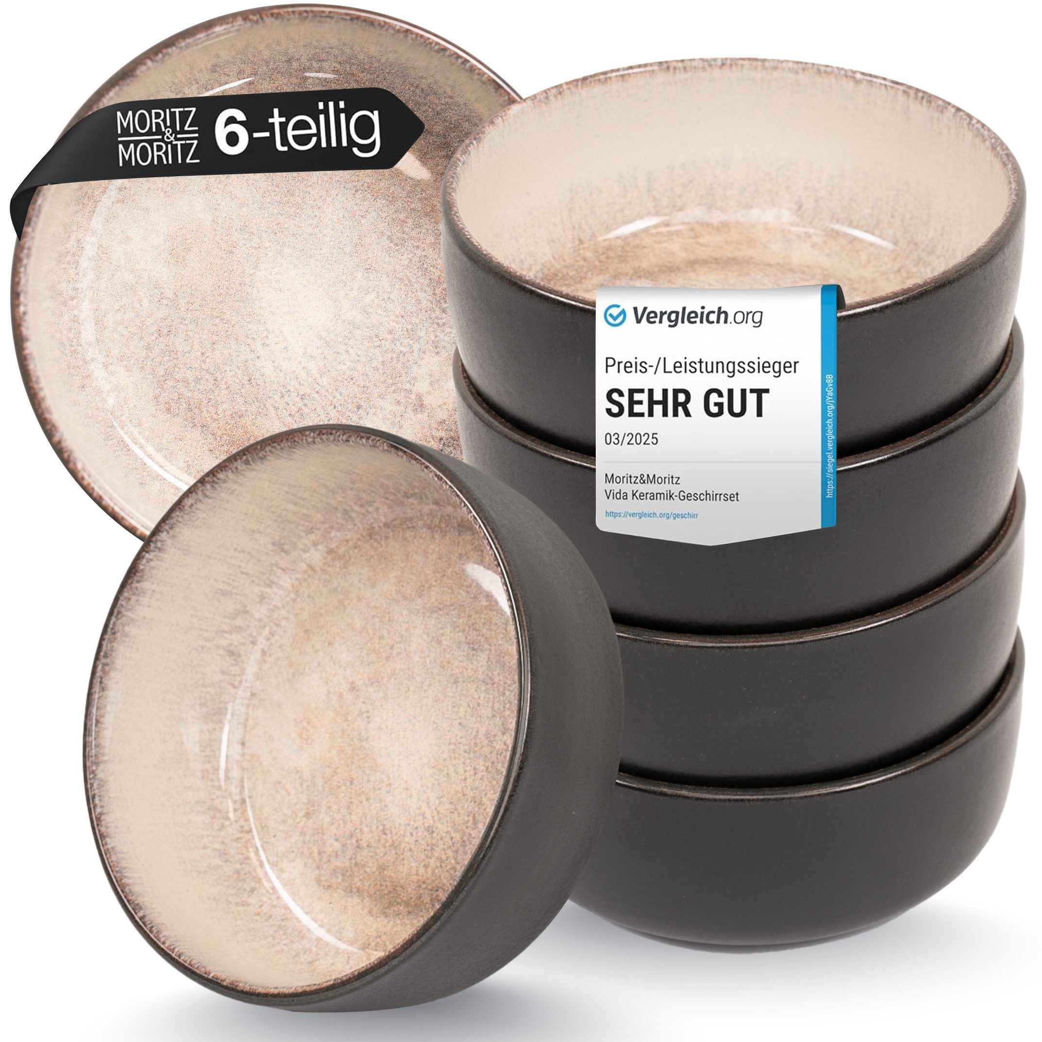 Moritz & Moritz Geschirr-Set VIDA Müslibowl für 6 Personen Beige (6-tlg), 6 Personen, Porzellan, Stylisches Schalen Set