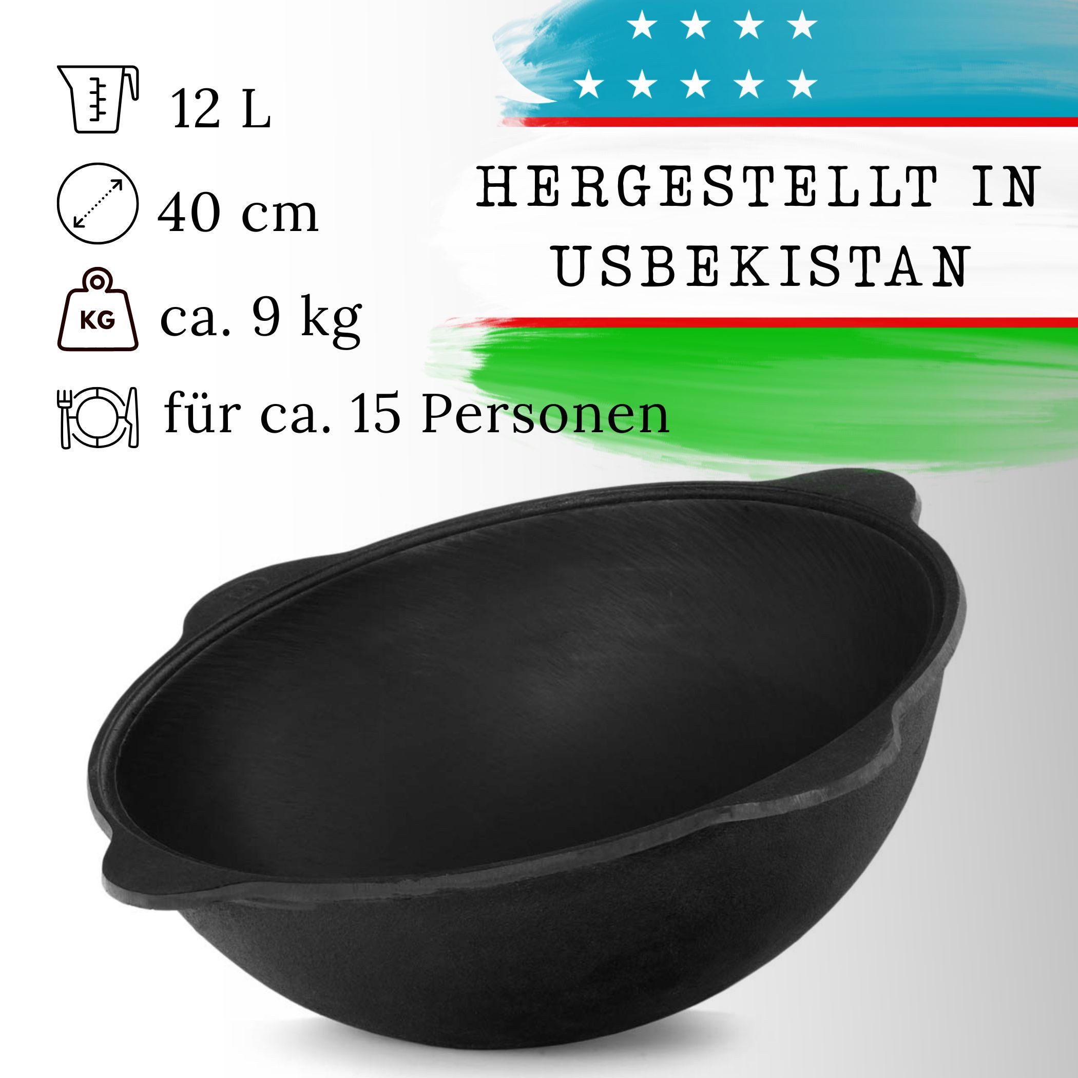 BIG-PAN Feuertopf Original Usbekischer Kasan 12 L Gusseisen Aluminium-Deckel Dutch Oven, Gusseisen (inkl. Schöpfkelle Schaumlöffel, Uzbekischer Kessel Namangan), asiatischer Topf für Plov Wok Eintöpfe