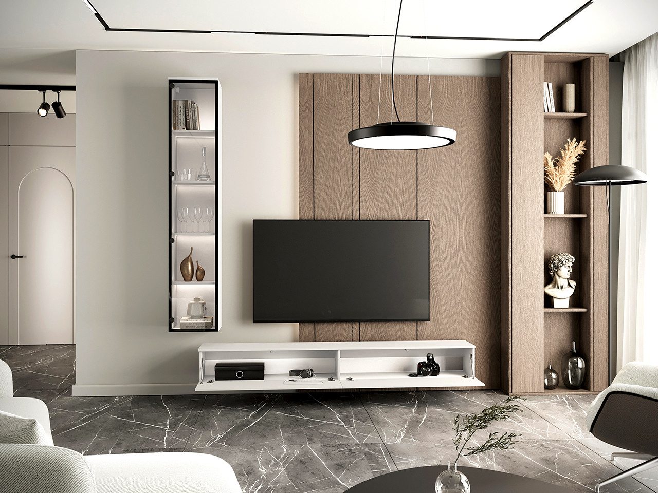 MOEBLINE Wohnwand Medienwand FIVO 2 weiß Vitrine TV-Lowboard günstig online kaufen