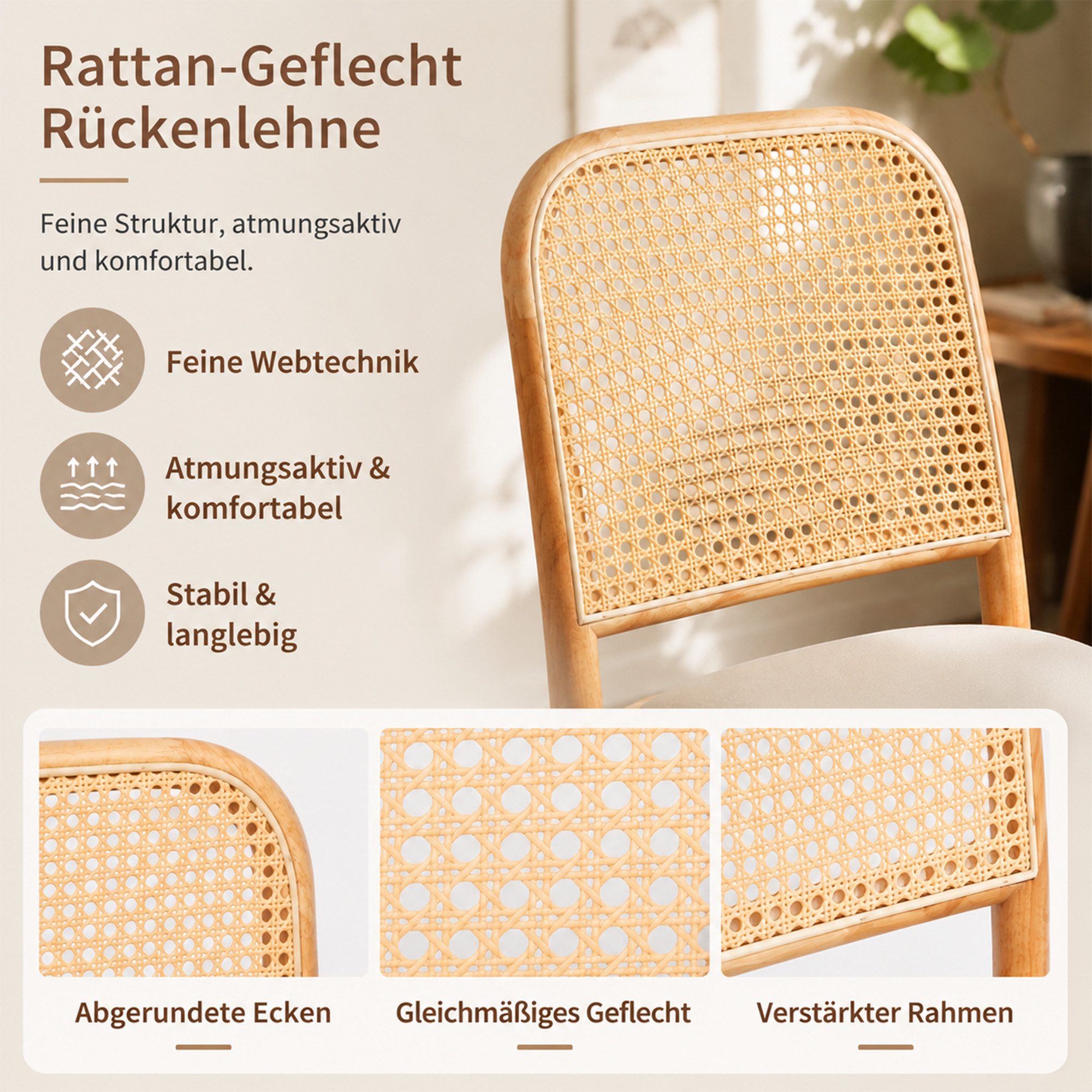Flieks Esszimmerstuhl Gestell aus Massivholz, Rattan-Rückenlehnen & Leinen-Sitzfläche (Set, 4 St), 4er Set Polsterstühle Rattanstuhl Wohnzimmerstuhl Beige&Natur – Bild 4 von 5