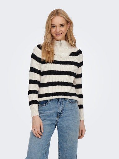 ONLY Stehkragenpullover ONLLEISE FREYA LS ZIP HIGH NECK KNT NOOS mit Streifenmuster Birch Stripes:BLACK