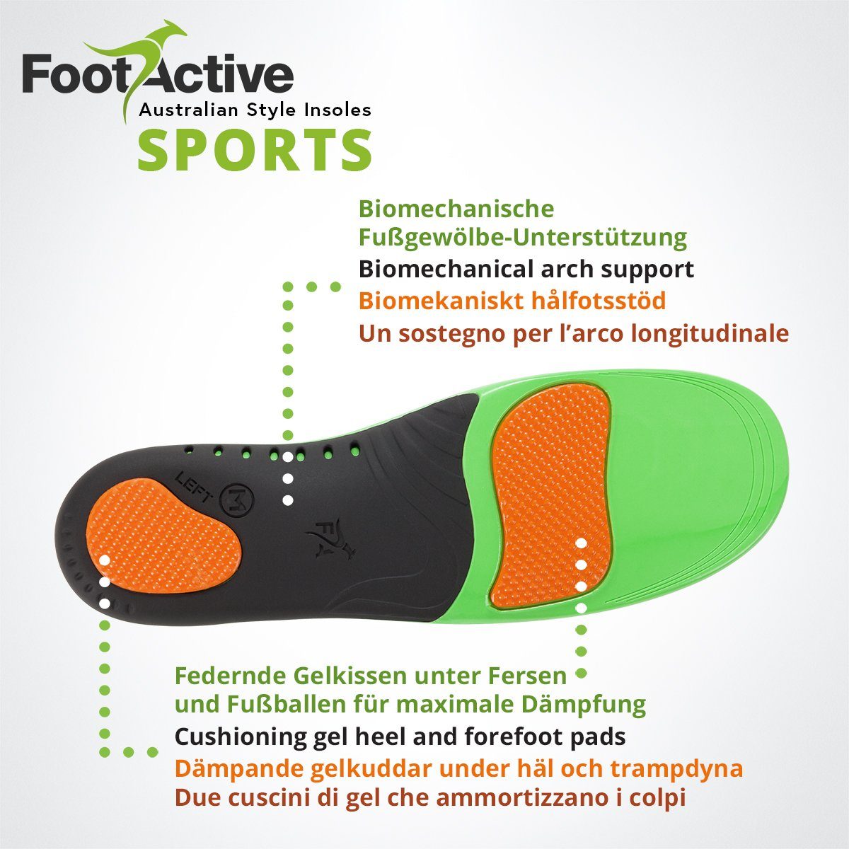 Unterstützung Füße, Einlegesohlen Sport Rücken. Perfekte Fersen, Freizeit. und Biomechanische und und für Dämpfung FootActive FootActive für Schienbeine SPORT, Einlegesohlen
