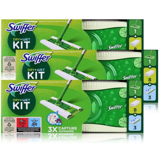 Swiffer Swiffer Dry+Wet Kit Bodenwischer und Bodentücher Staubmagnet (3er Pack Fussbodenreiniger