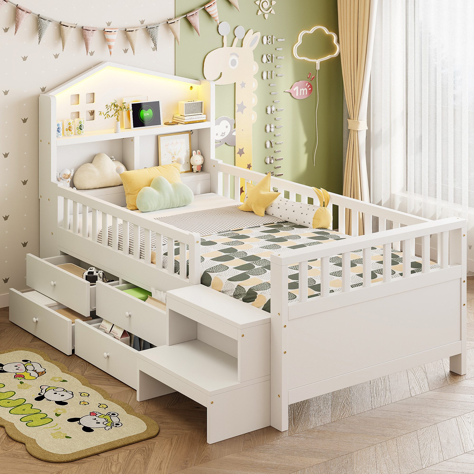 Flieks Kinderbett, Halbhochbett Hausbett 90x200cm mit Schubladen und USB/Typ-C