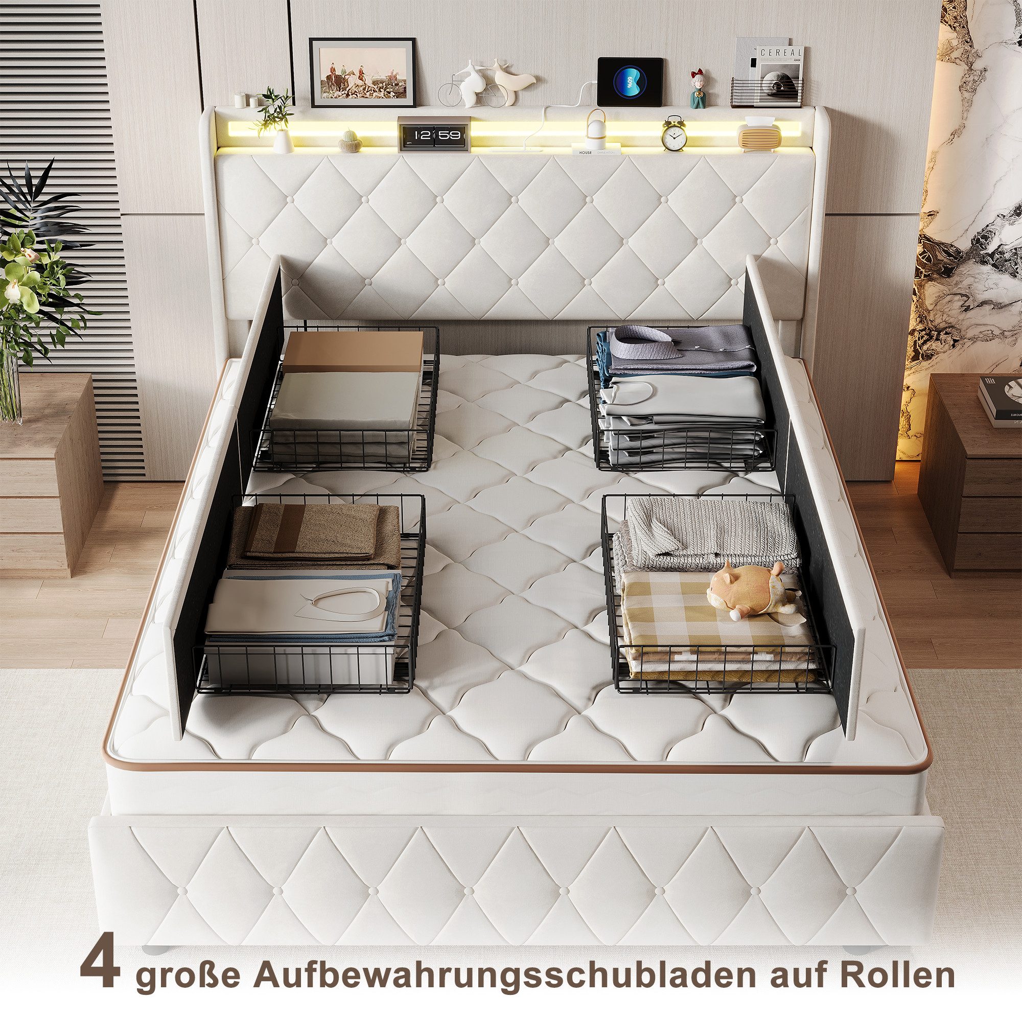 PXloue Polsterbett Led Doppelbett (1-tlg., Modernes Jugendbett, Leises Design Bett, Samtmaterial Polsterbett), Mit LED-Beleuchtung und Ladefunktion, Belastbarke – Bild 3 von 5