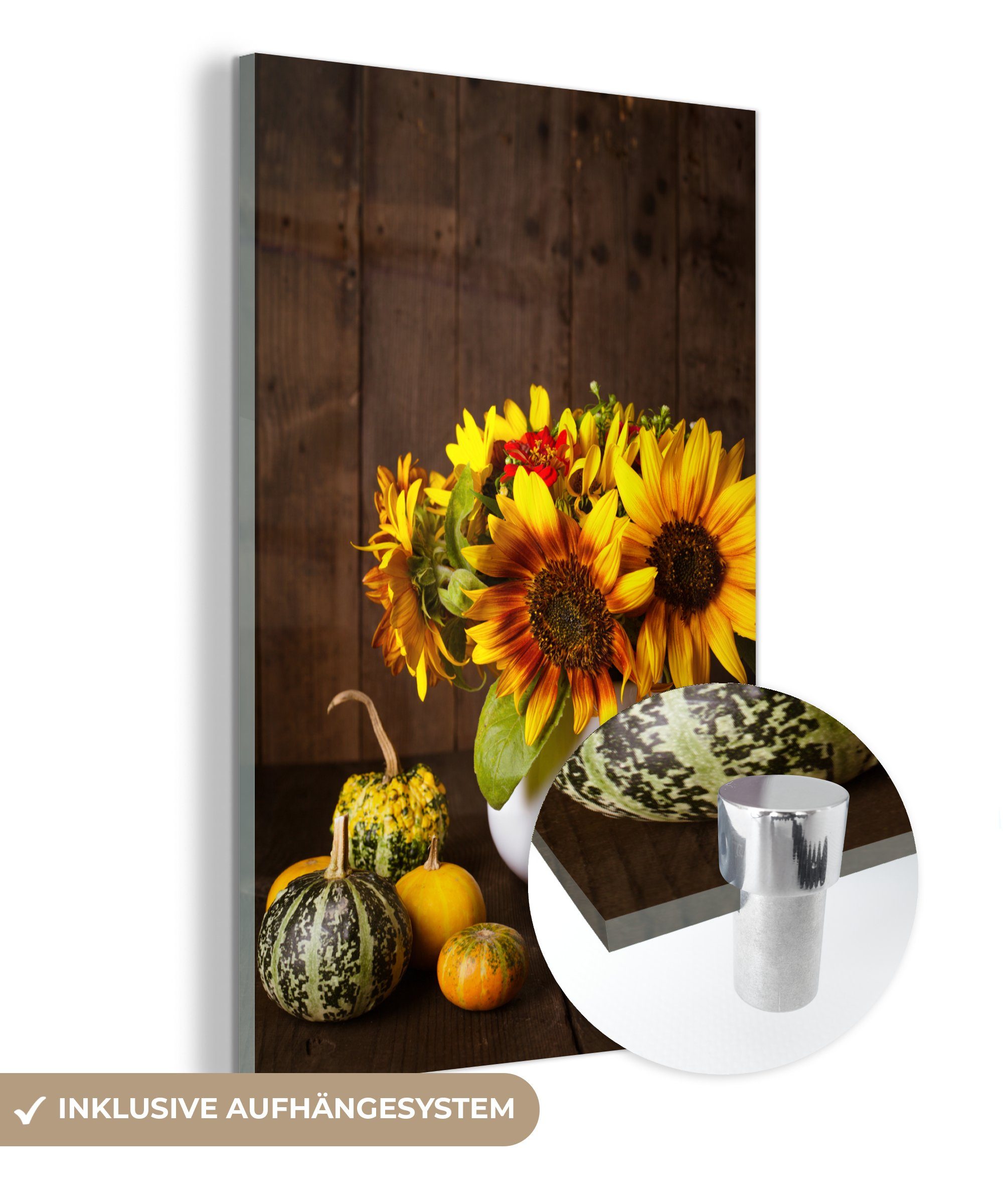 MuchoWow Acrylglasbild Kürbisse - Sonnenblumen - Herbst, (1 St), Glasbilder - Bilder auf Glas Wandbild - Foto auf Glas - Wanddekoration